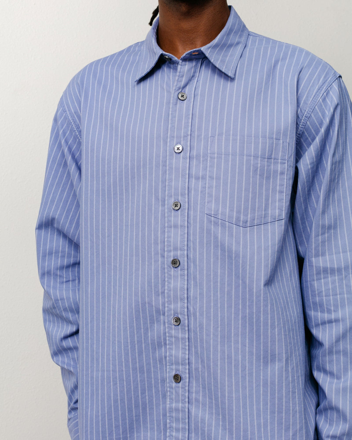 Oxford Shirt Button-Down in Blue Stripe, washed cotton oxford with single chest pocket
