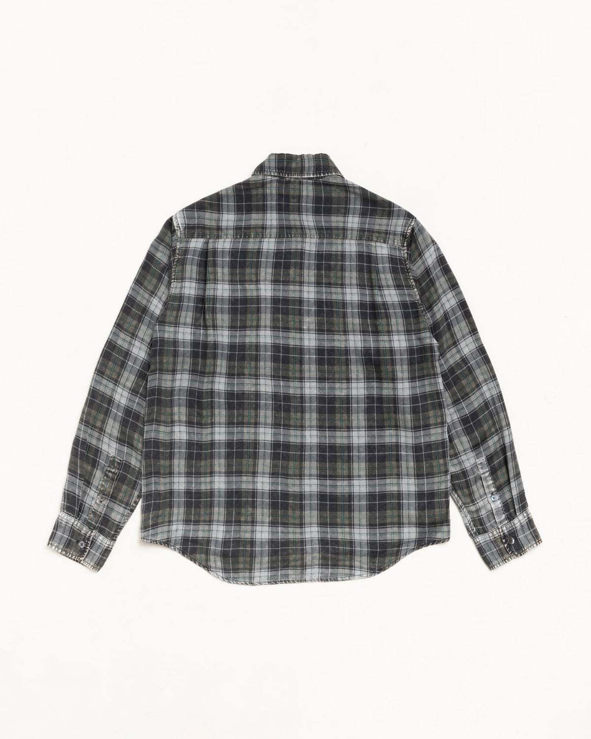 Matthew Plaid Shirt button-up in Charcoal, long-sleeve washed TENCEL twill, back flat lay