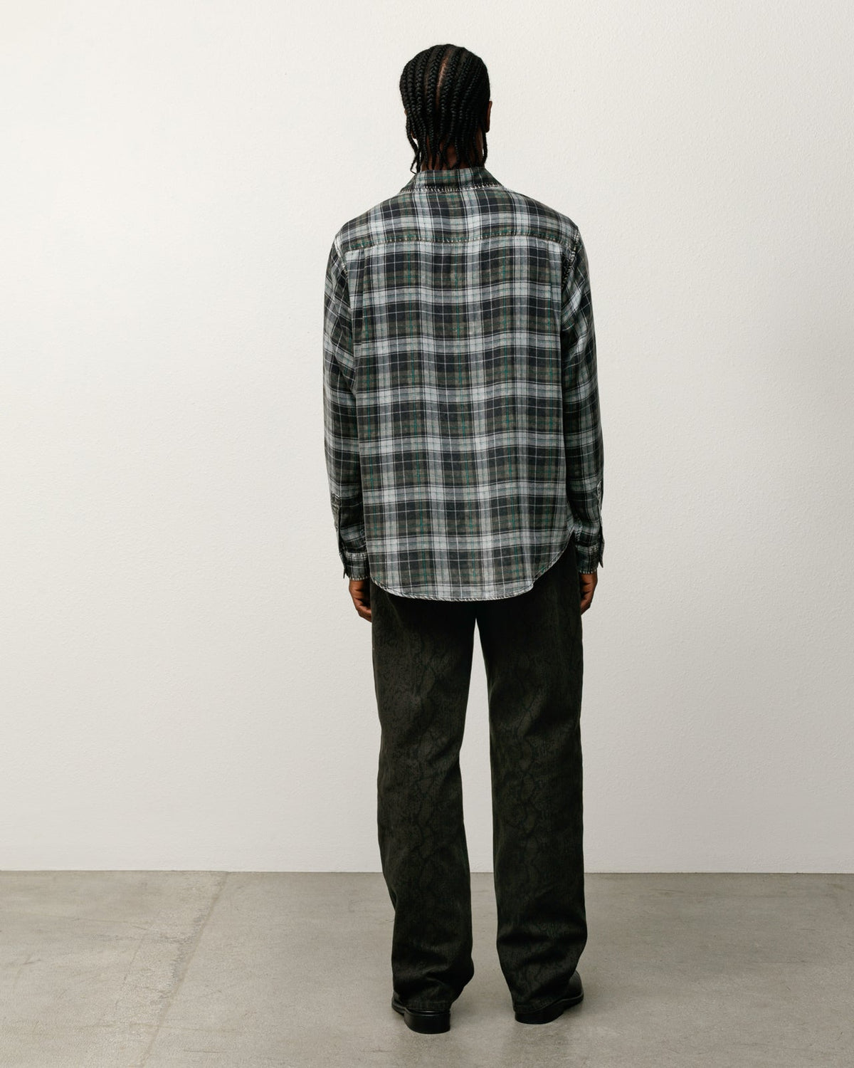 Matthew Plaid Shirt button-up in Charcoal by Stüssy, relaxed TENCEL twill plaid, back view on model