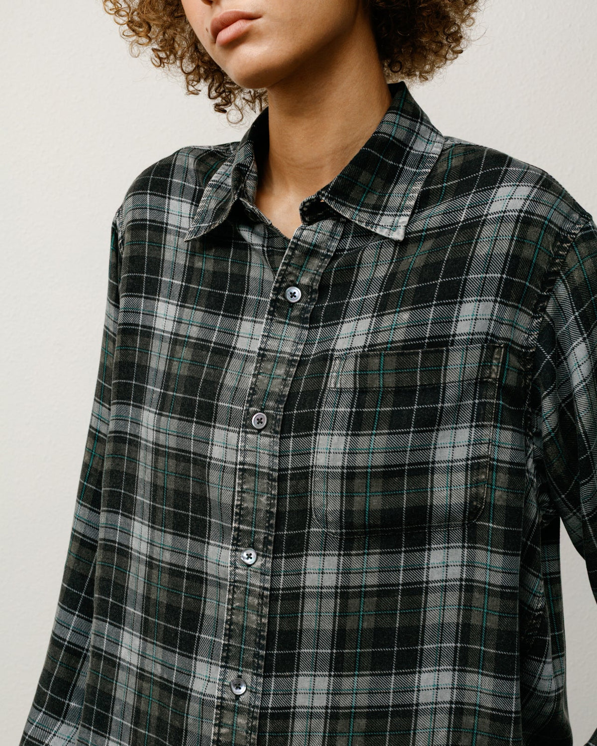 Matthew Plaid Shirt button-up in the color Charcoal, washed TENCEL twill with mother-of-pearl buttons