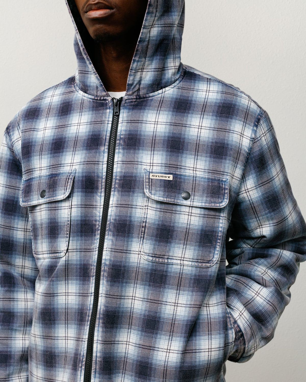 ZIP HOODED PLAID SHIRT Outerwear in Blue, hooded zip-front plaid shirt jacket with snap chest pockets