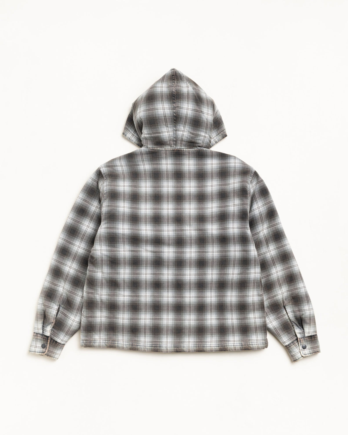 Stüssy Zip Hooded Plaid Shirt Jacket in Charcoal, back flat view with hood and button cuffs.
