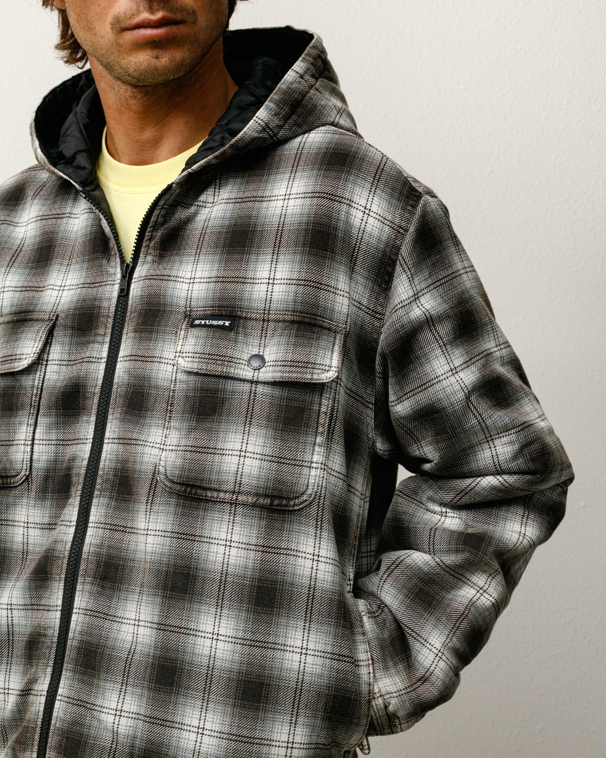 ZIP HOODED PLAID SHIRT jacket in the color Charcoal with quilted lining, YKK zip, and flap chest pockets