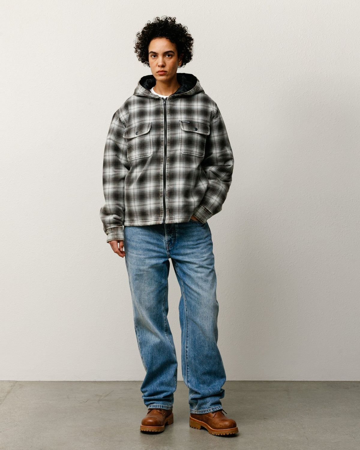 Stüssy ZIP HOODED PLAID SHIRT outerwear in Charcoal, relaxed hooded plaid zip-front shirt jacket.