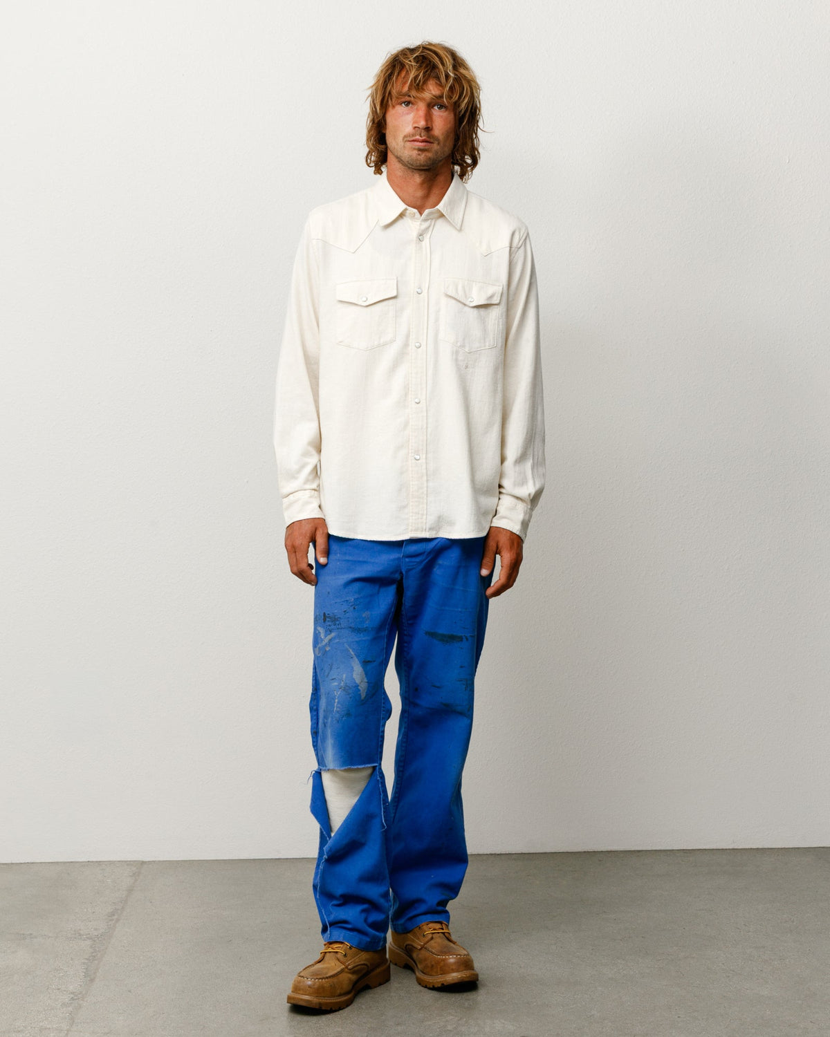 Cotton Silk Western Shirt in Off White with snap pockets and western yoke detailing