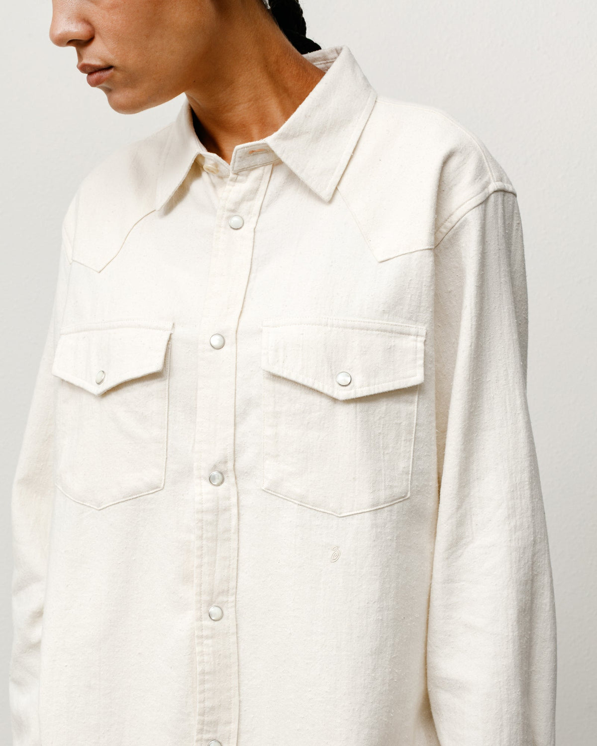 Stüssy Cotton Silk Western Shirt in Off White, snap-front with chest flap pockets