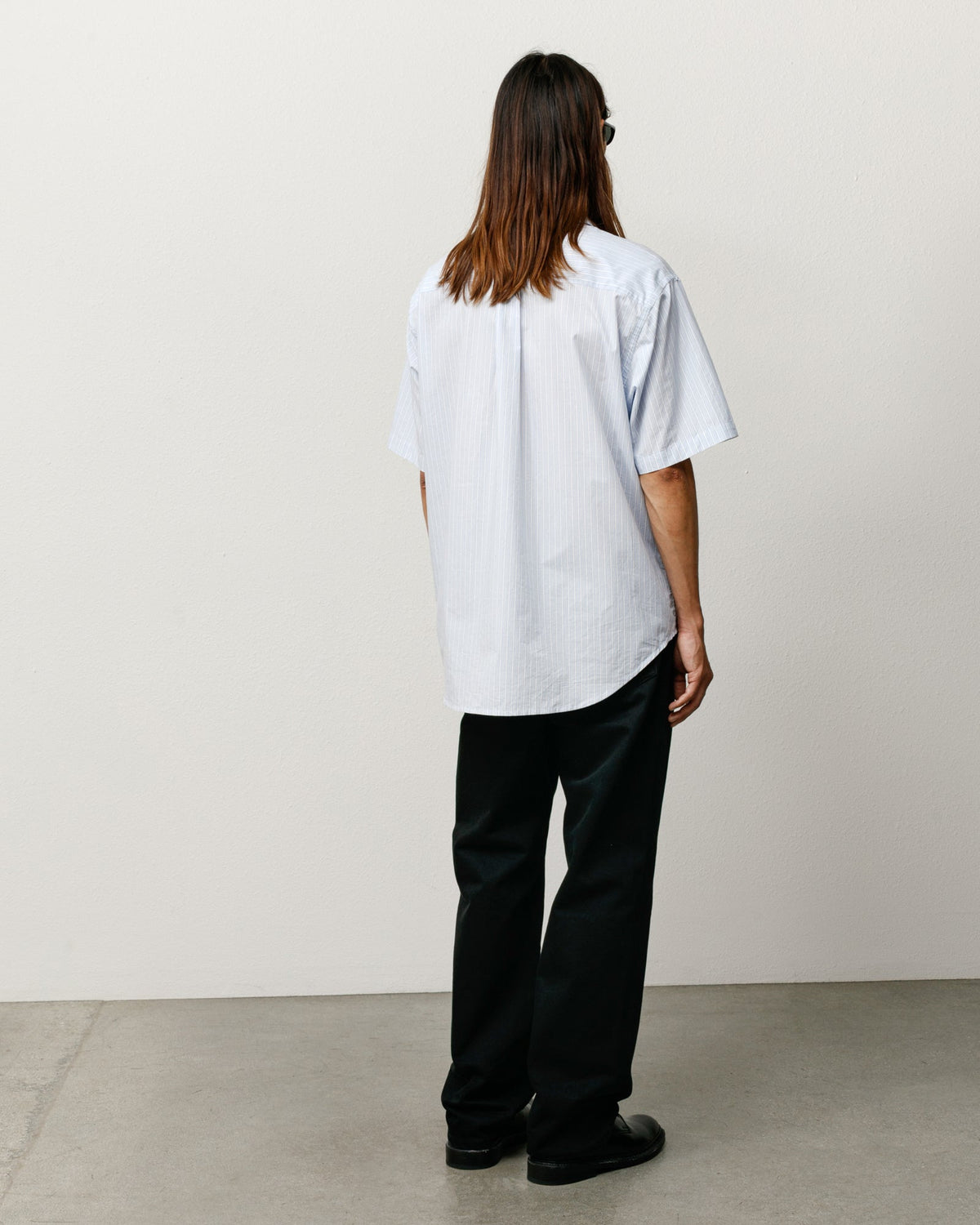 Standard SS Shirt button-up in Blue Stripe, washed cotton poplin, boxy fit, short sleeve.