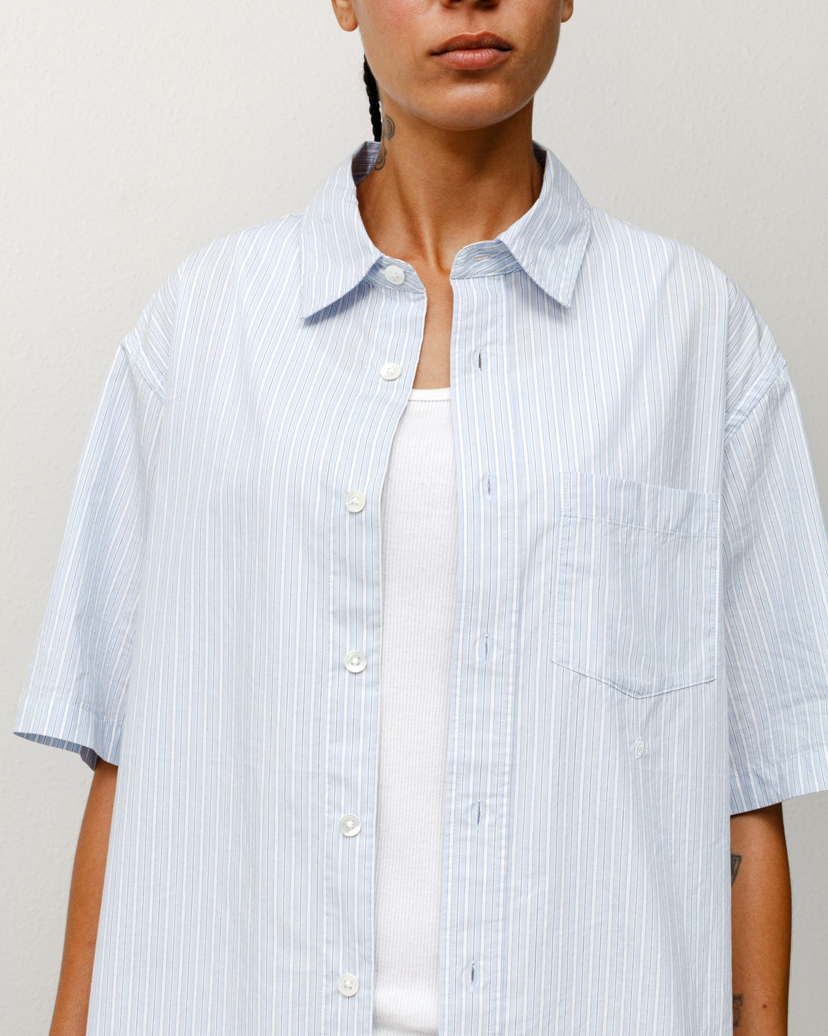 Stüssy Standard SS Shirt short-sleeve button-up in blue stripe cotton poplin.