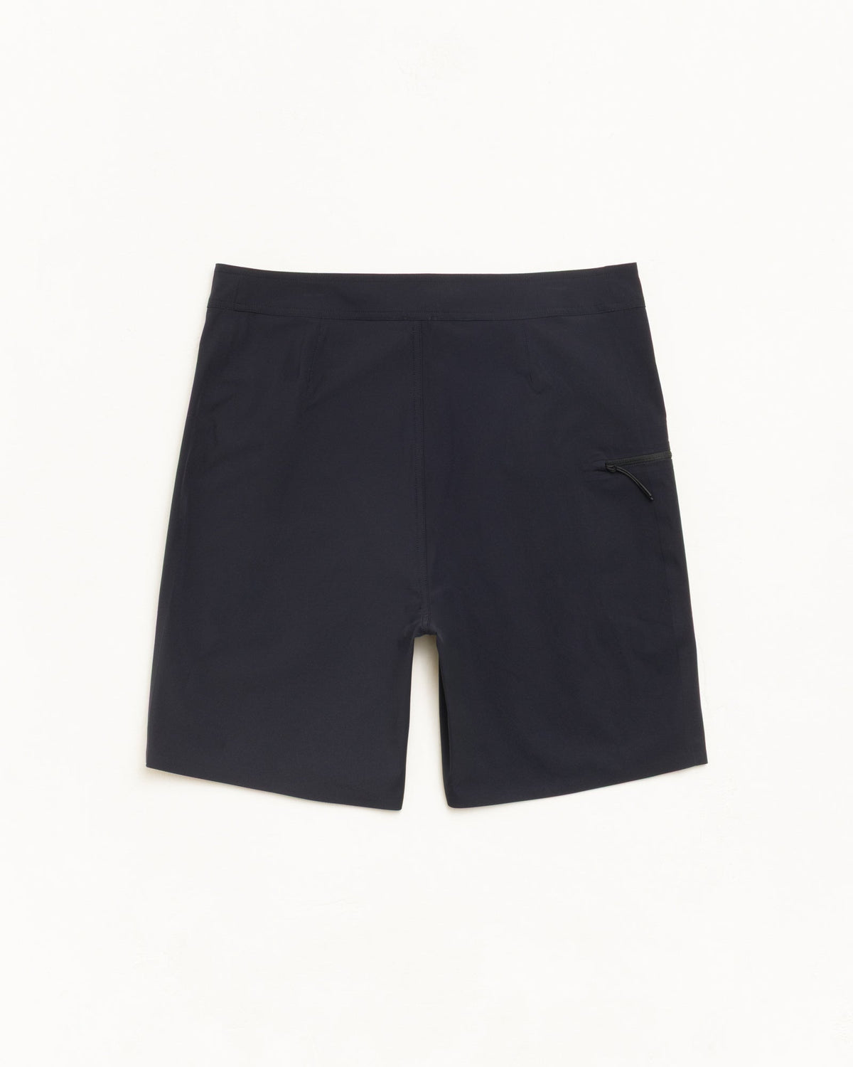 Peak Board Short boardshort in black stretch nylon with zip side pocket; unisex fit.