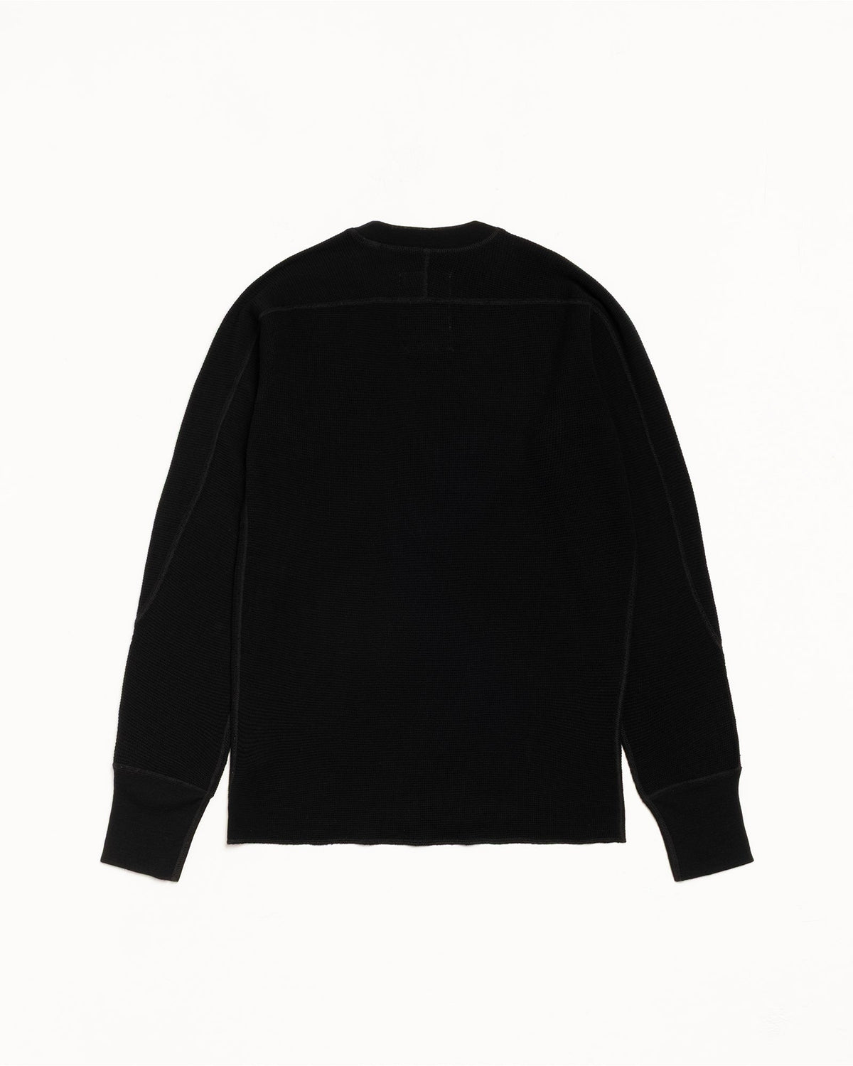 Wool LS Thermal knit in Black, waffle-knit wool crewneck long sleeve back flat