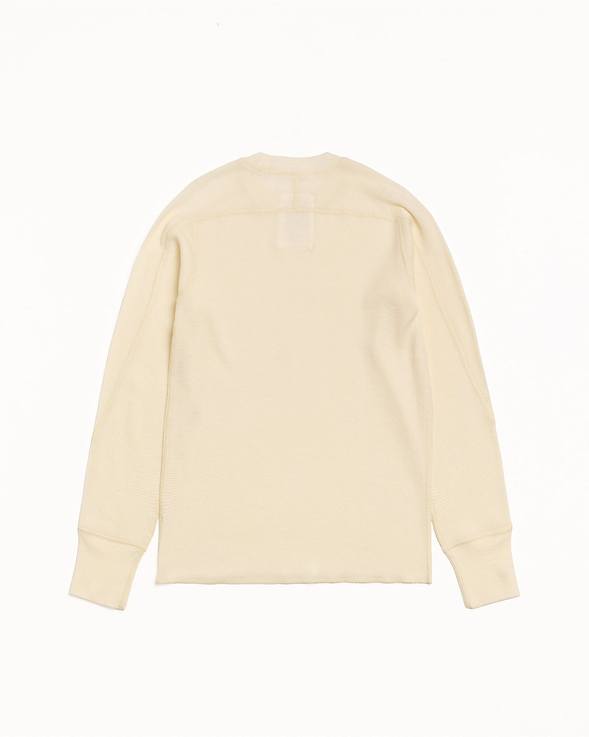 WOOL LS THERMAL knit long-sleeve in Ecru waffle-knit wool, back flat view.