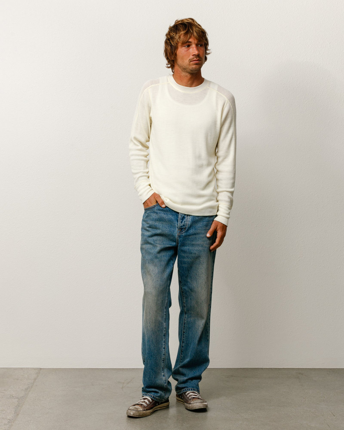 Wool LS Thermal knit in ecru, waffle-knit 100% wool long sleeve with ribbed cuffs.