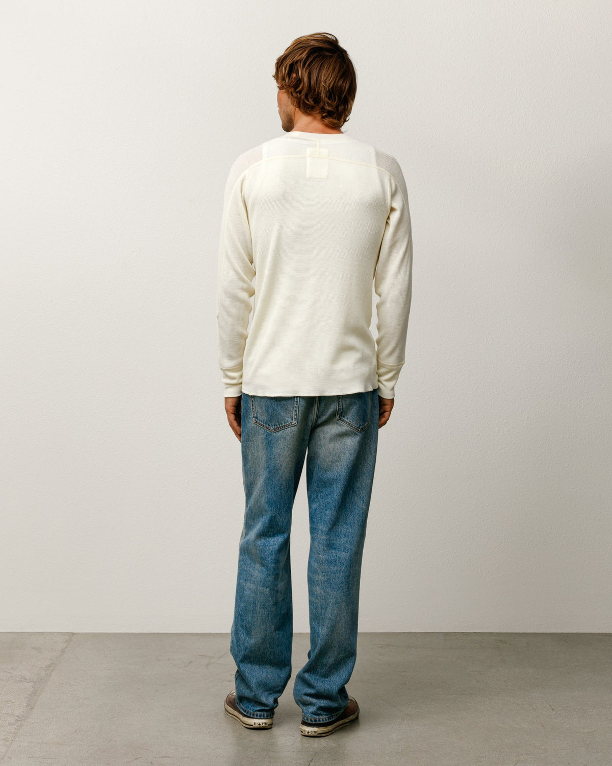 Wool LS Thermal knit in ecru, waffle-knit wool long-sleeve crewneck, back view with ribbed cuffs