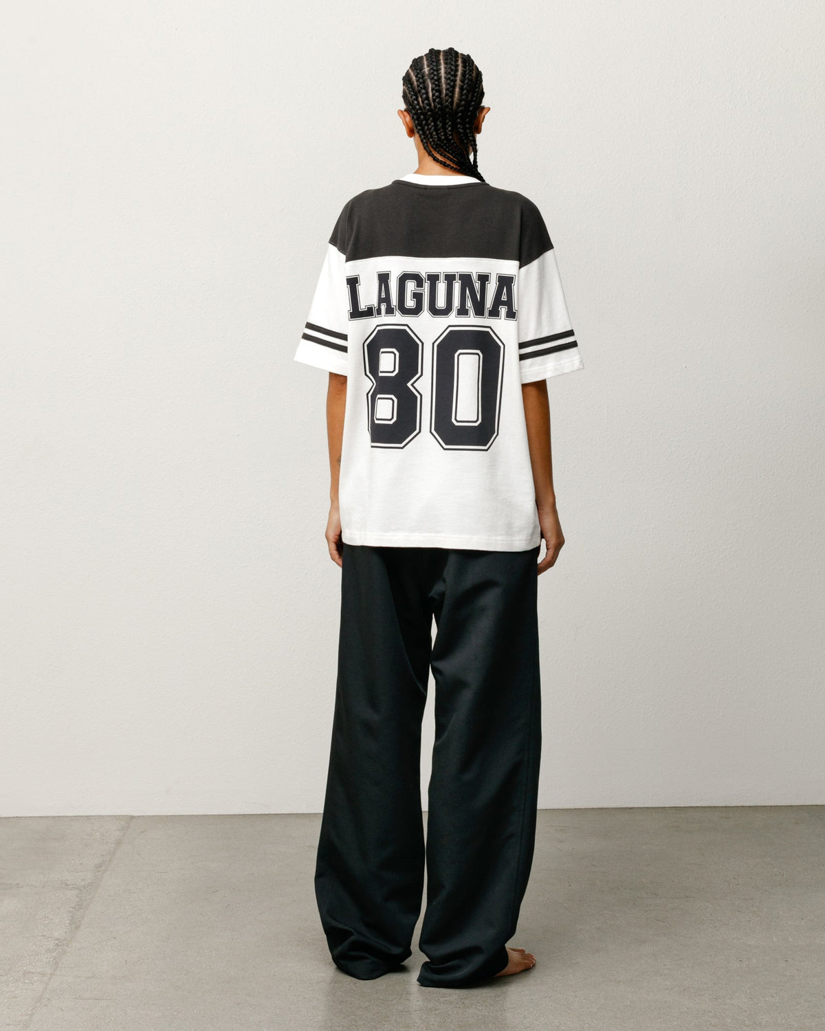 Stüssy Laguna 80 Jersey jersey in black stonewashed cotton with back graphic and striped sleeves