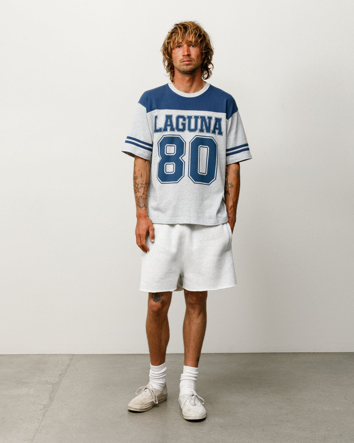 LAGUNA 80 JERSEY jersey in the color Blue, stonewashed cotton with ribbed crewneck and sleeve stripes
