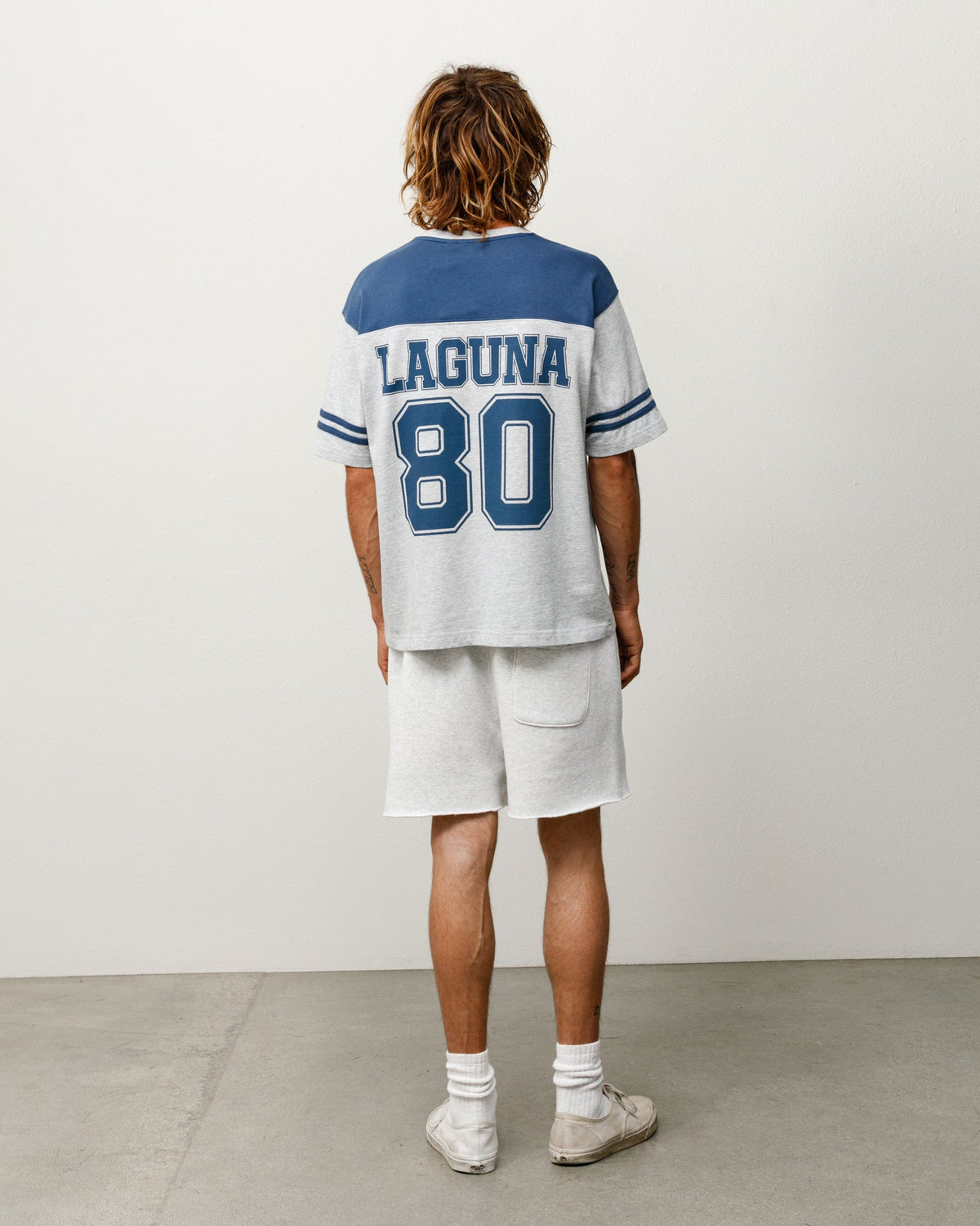 Laguna 80 Jersey in Blue, stonewashed cotton with back LAGUNA 80 graphic and striped short sleeves