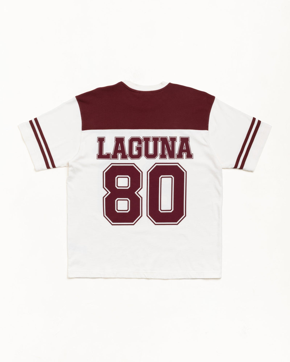 Stüssy Laguna 80 Jersey in Maroon with contrast yoke, sleeve stripes, and LAGUNA 80 back print