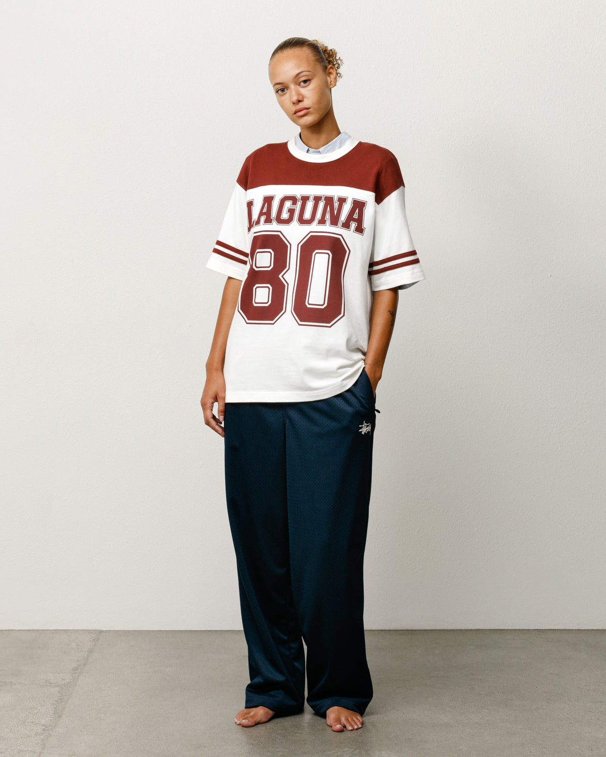 Laguna 80 Jersey in Maroon, relaxed stonewashed cotton with varsity LAGUNA 80 front graphic