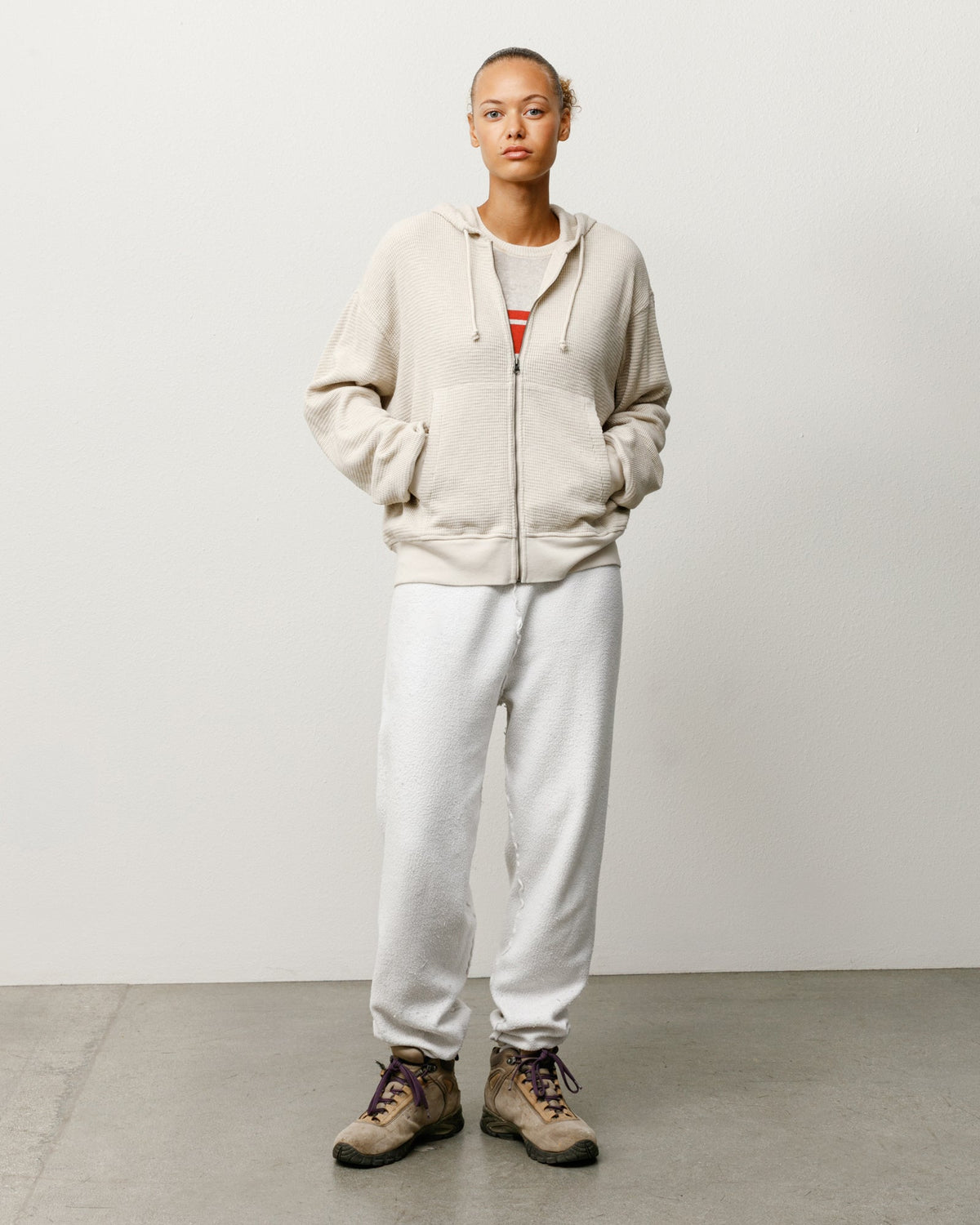 Lightweight Thermal Hoodie zip hood in Bone, cotton waffle knit with kangaroo pocket