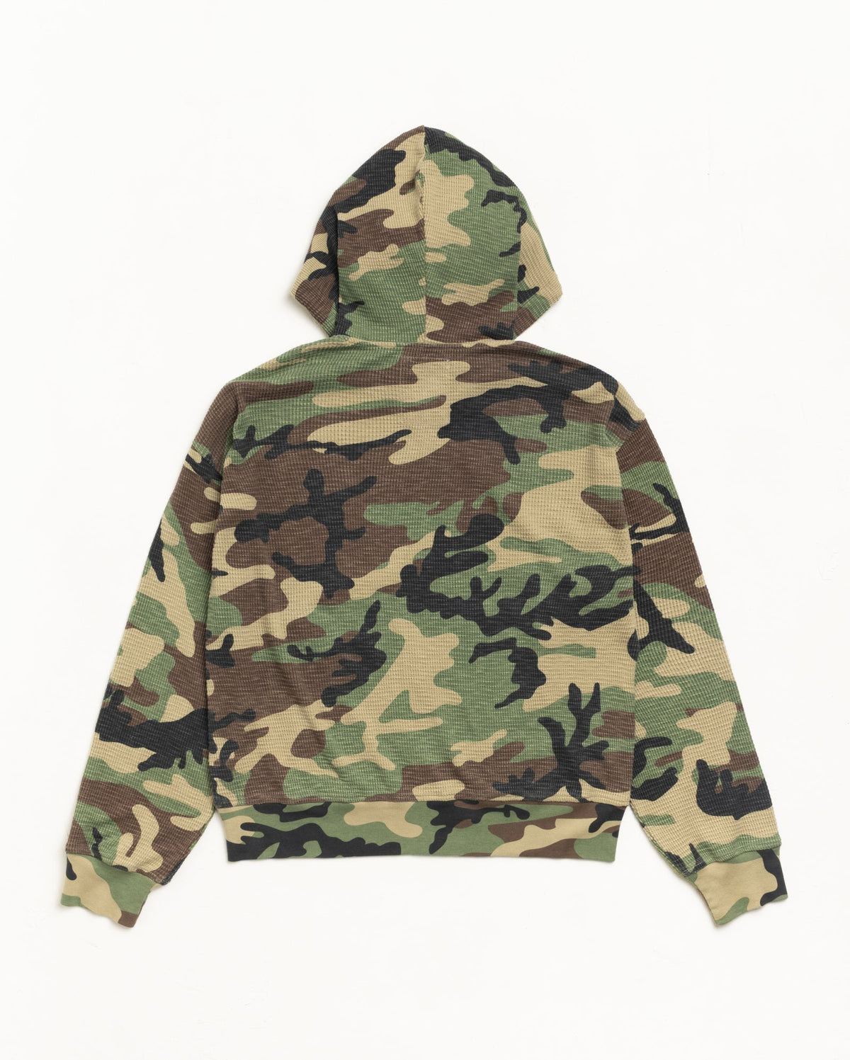 Lightweight Thermal Hoodie zip hood in Camo shown in back flat lay.