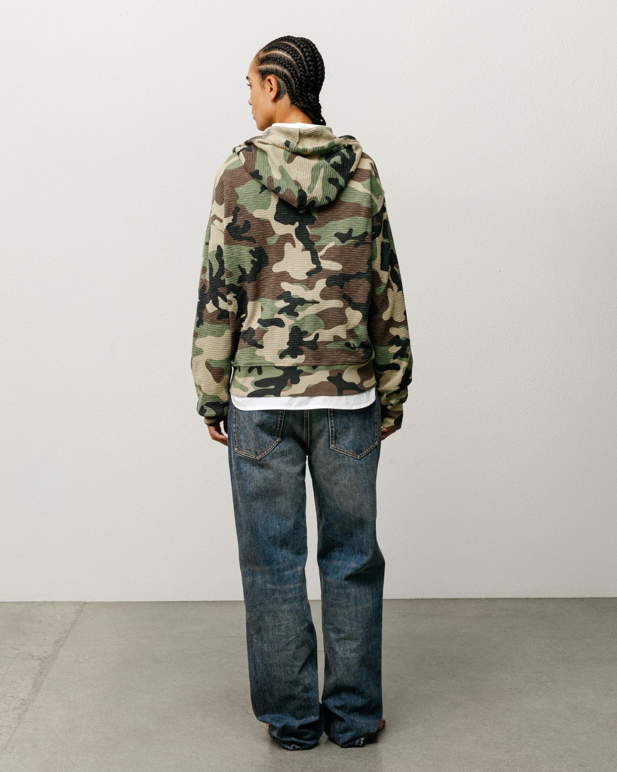 Stüssy Lightweight Thermal Hoodie zip hood in camo cotton waffle knit, back view.