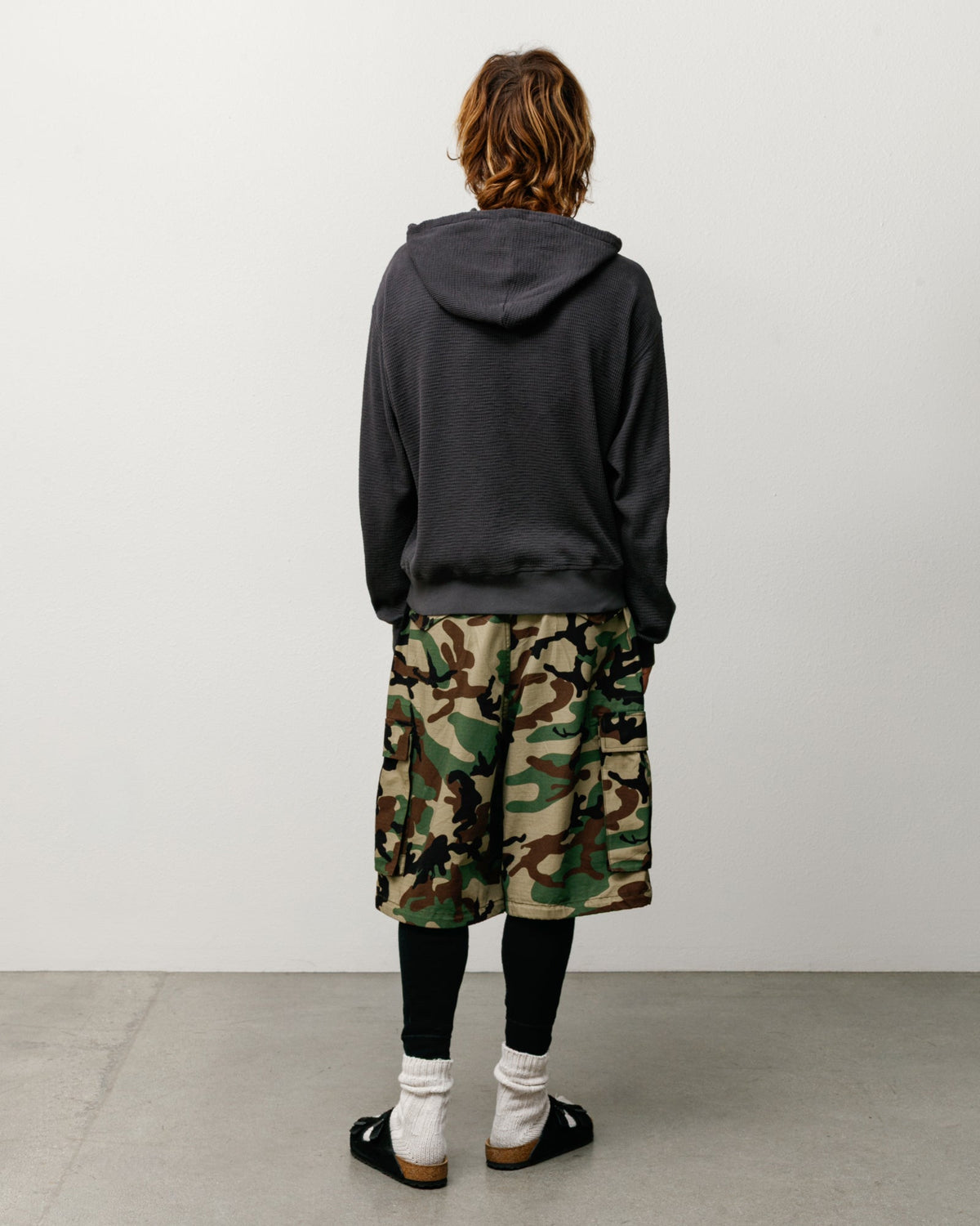 Stüssy Lightweight Thermal Hoodie hoodie in Faded Black cotton thermal, relaxed fit, back view.
