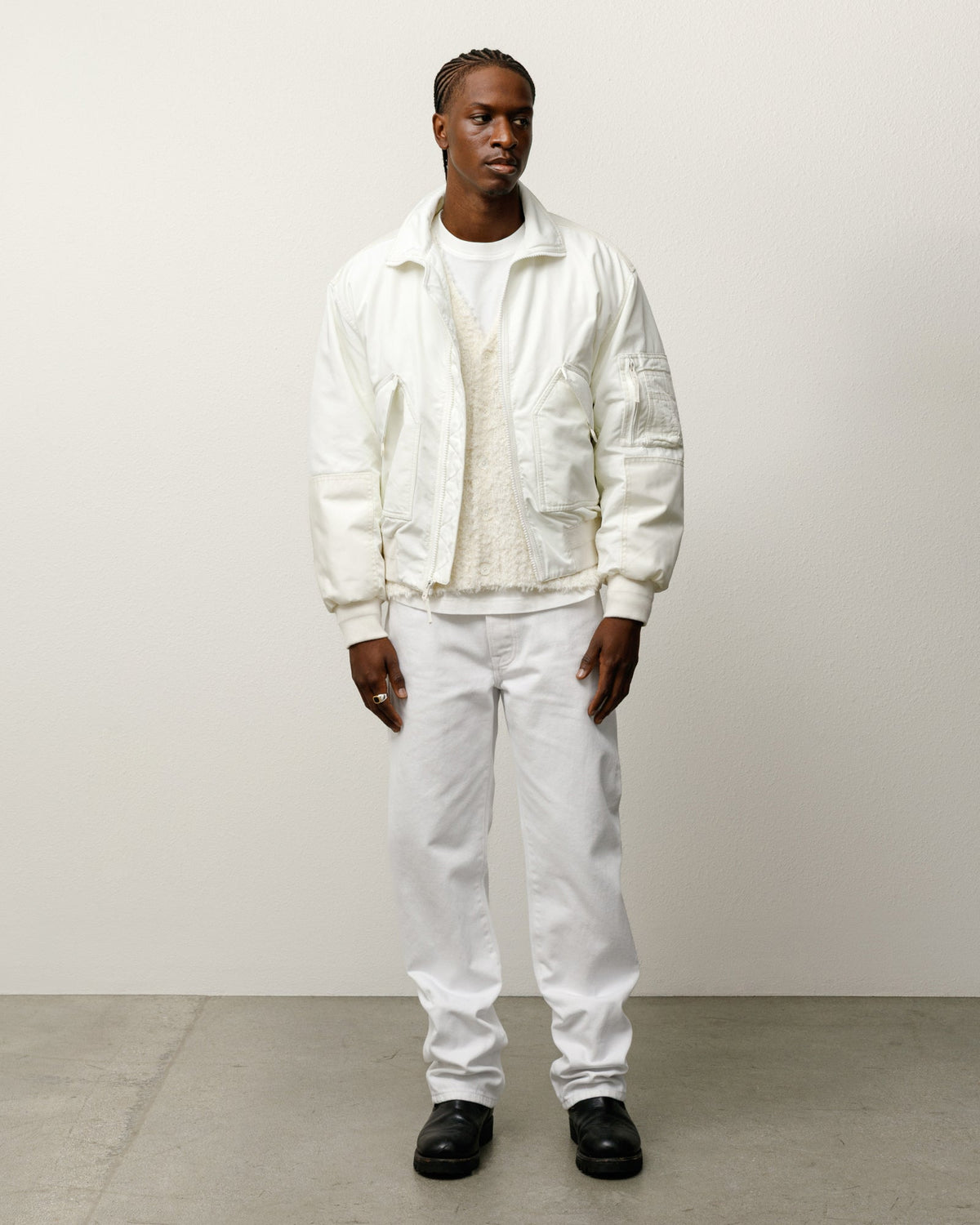 Mock Neck Flight Bomber Mens Long Sleeve In White