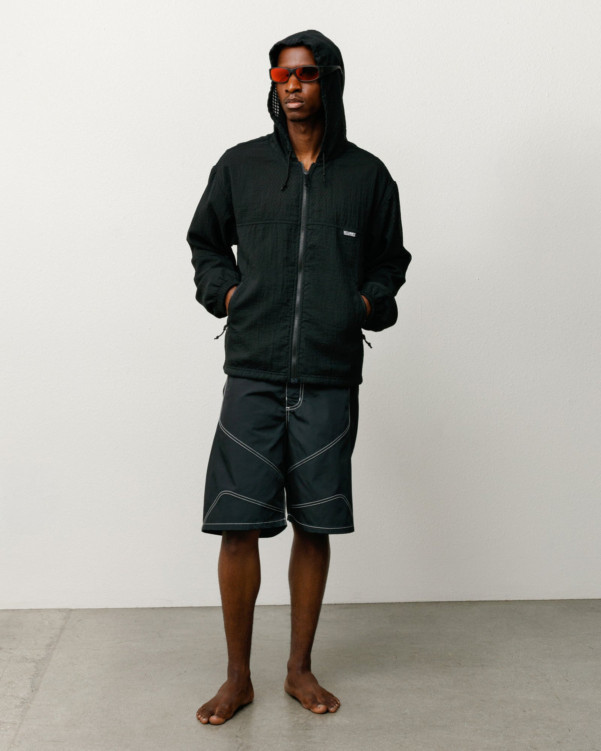 Layered Mesh Hooded Jacket Unisex Long Sleeve In Black