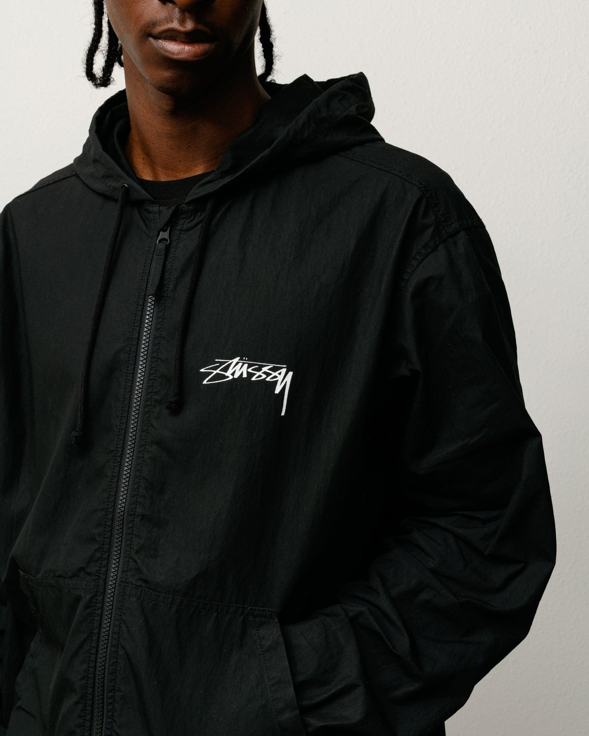Waxed Cotton Beach Shell Jacket in Black, Stüssy logo