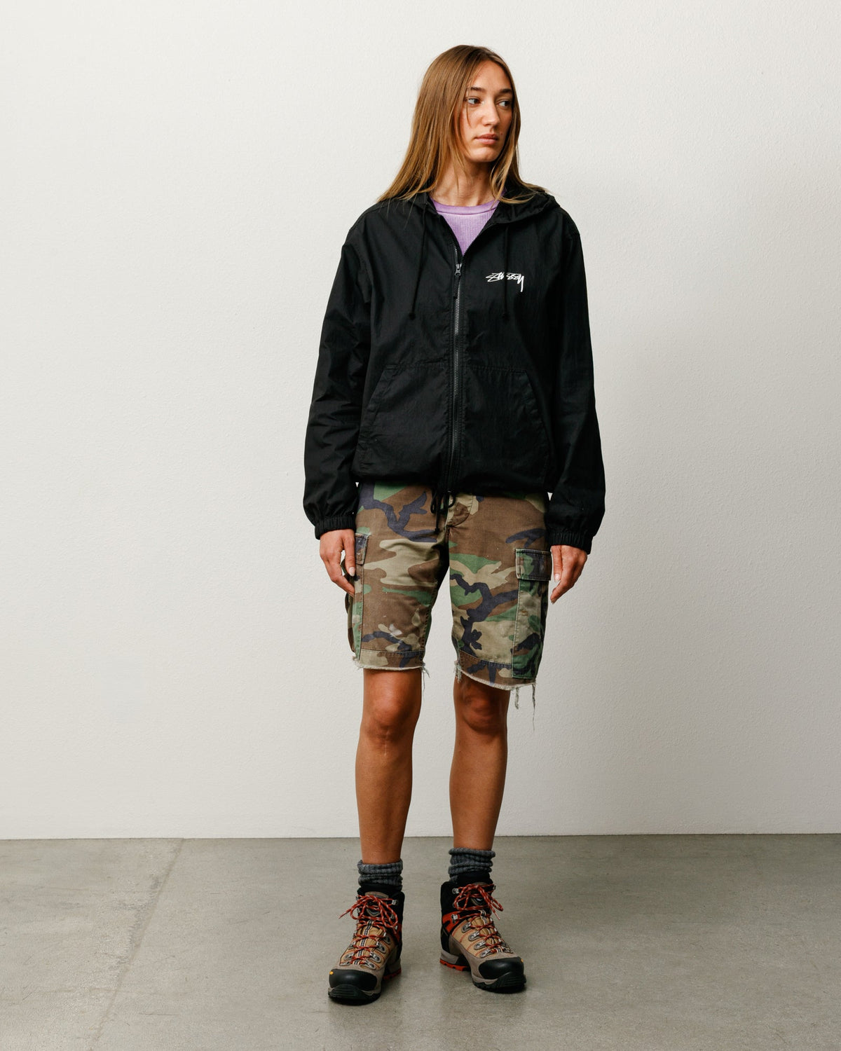 Stüssy Waxed Cotton Beach Shell jacket in black with hood and chest logo