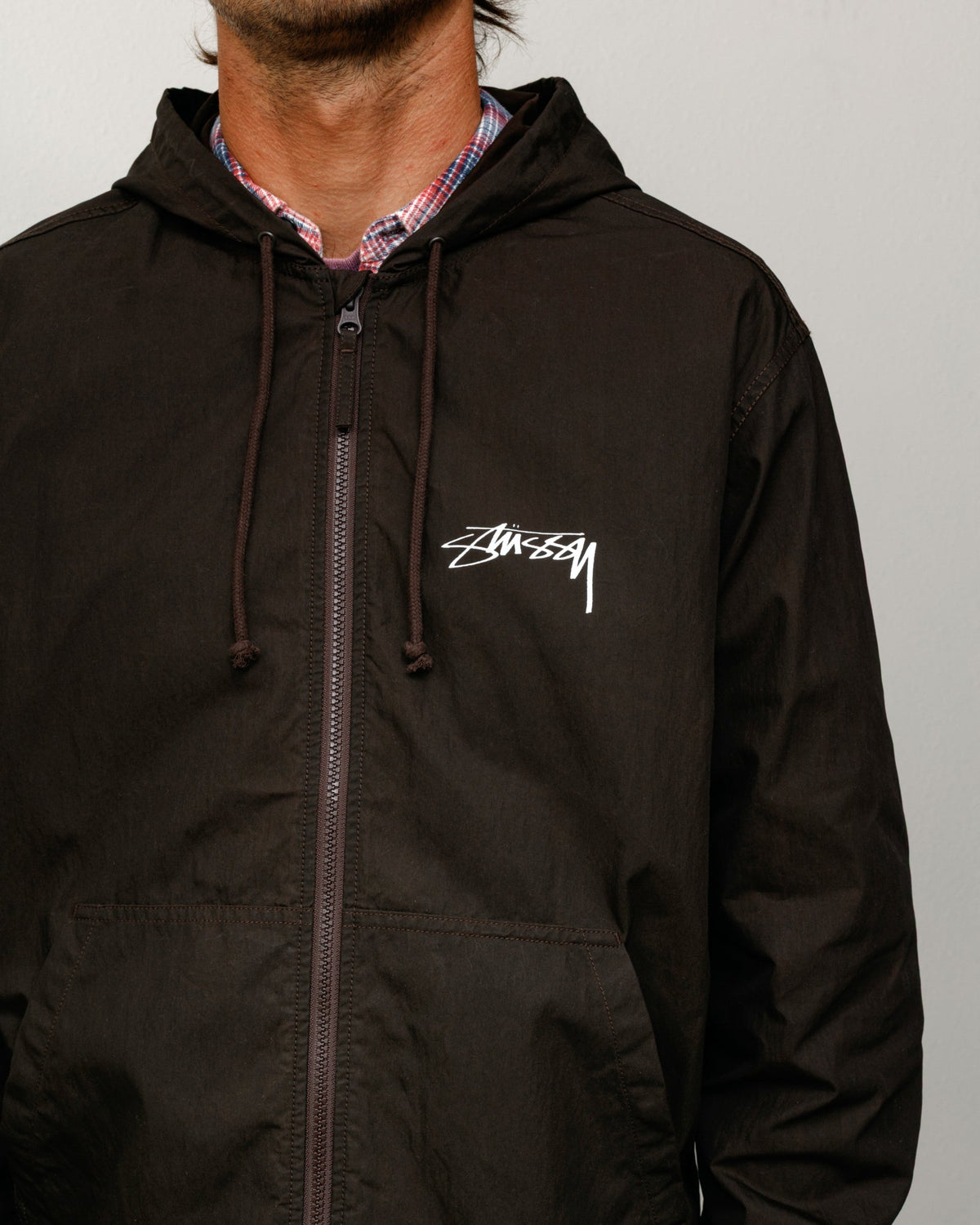 Waxed Cotton Beach Shell Jacket in Brown with Stüssy chest logo