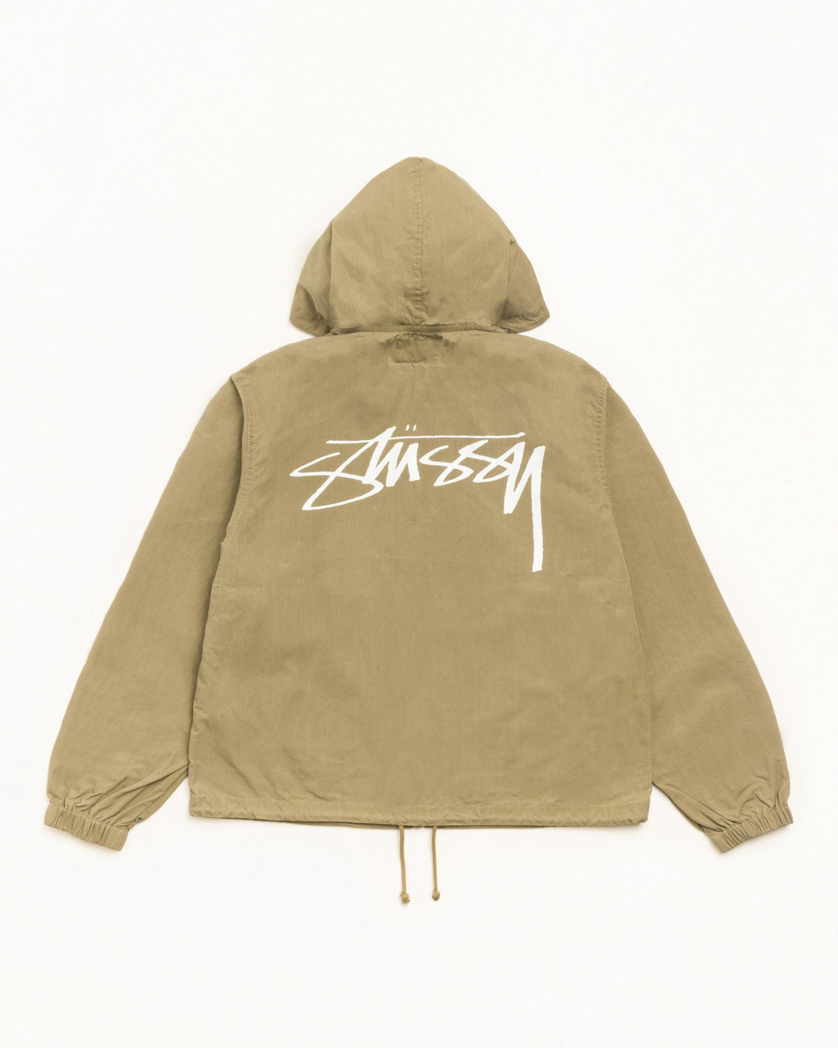 WAXED COTTON BEACH SHELL jacket in olive with hood and bold back Stüssy logo