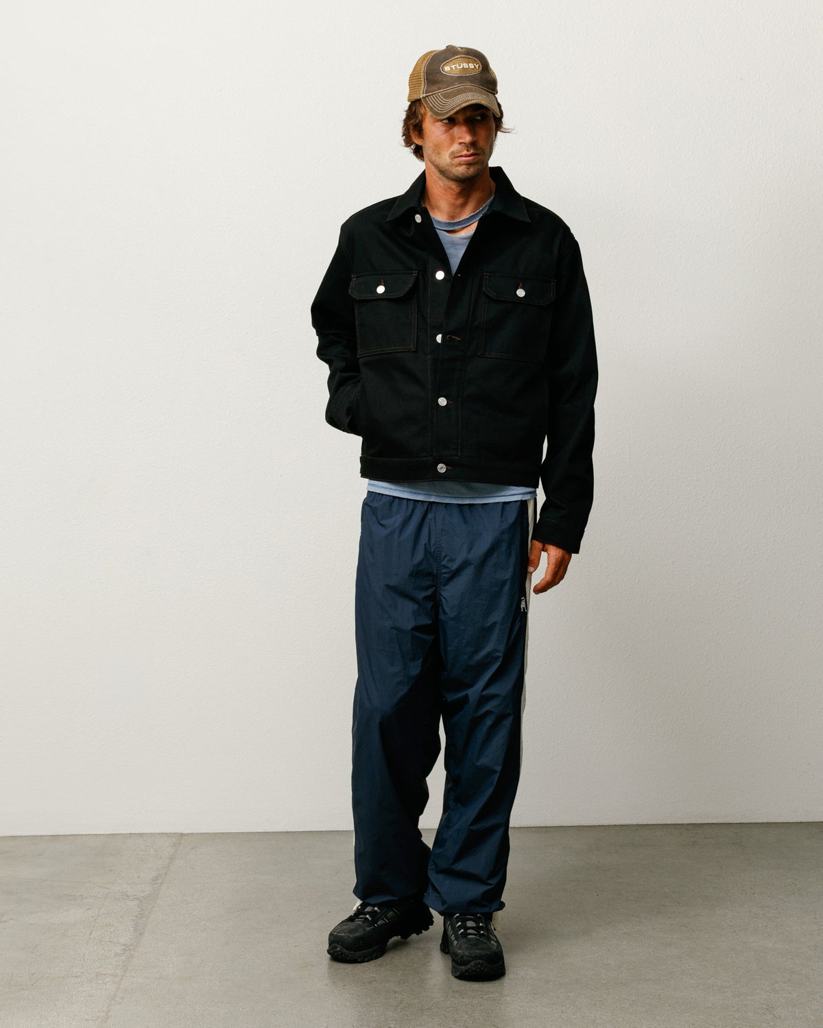 Unisex Denim Trucker Jacket in Raw Black Contrast Stitch