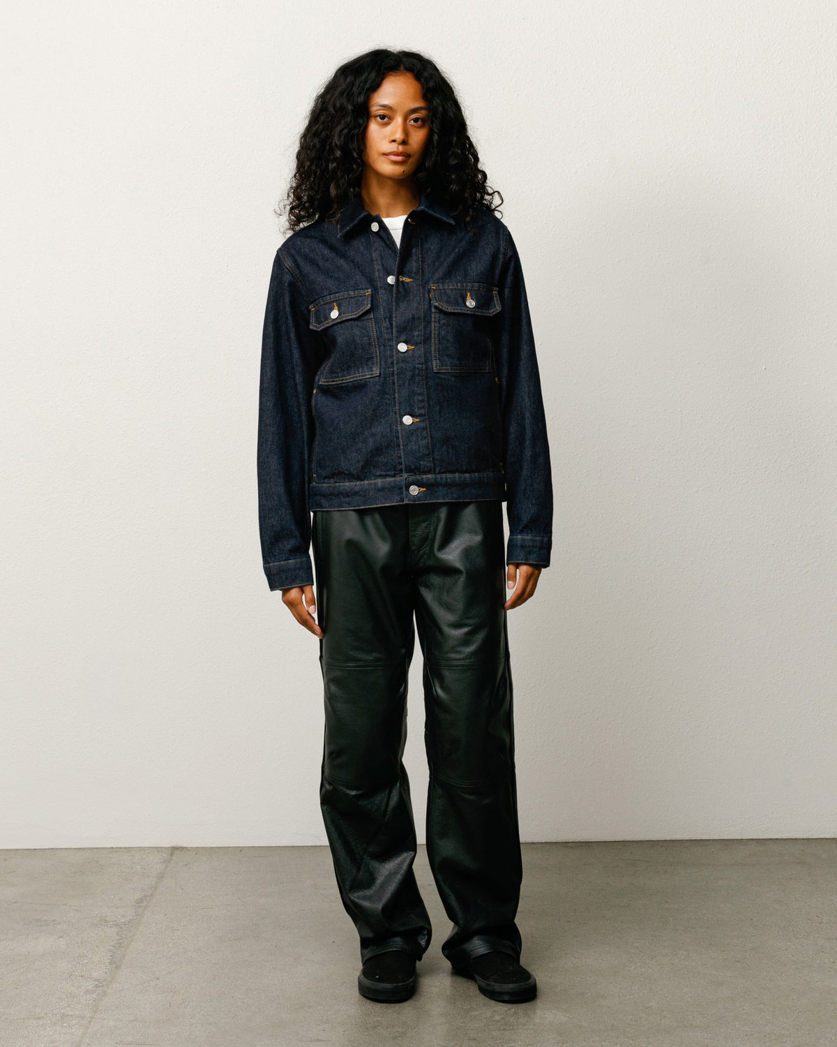 Denim Trucker Jacket in Rinsed Indigo, relaxed boxy fit with button front