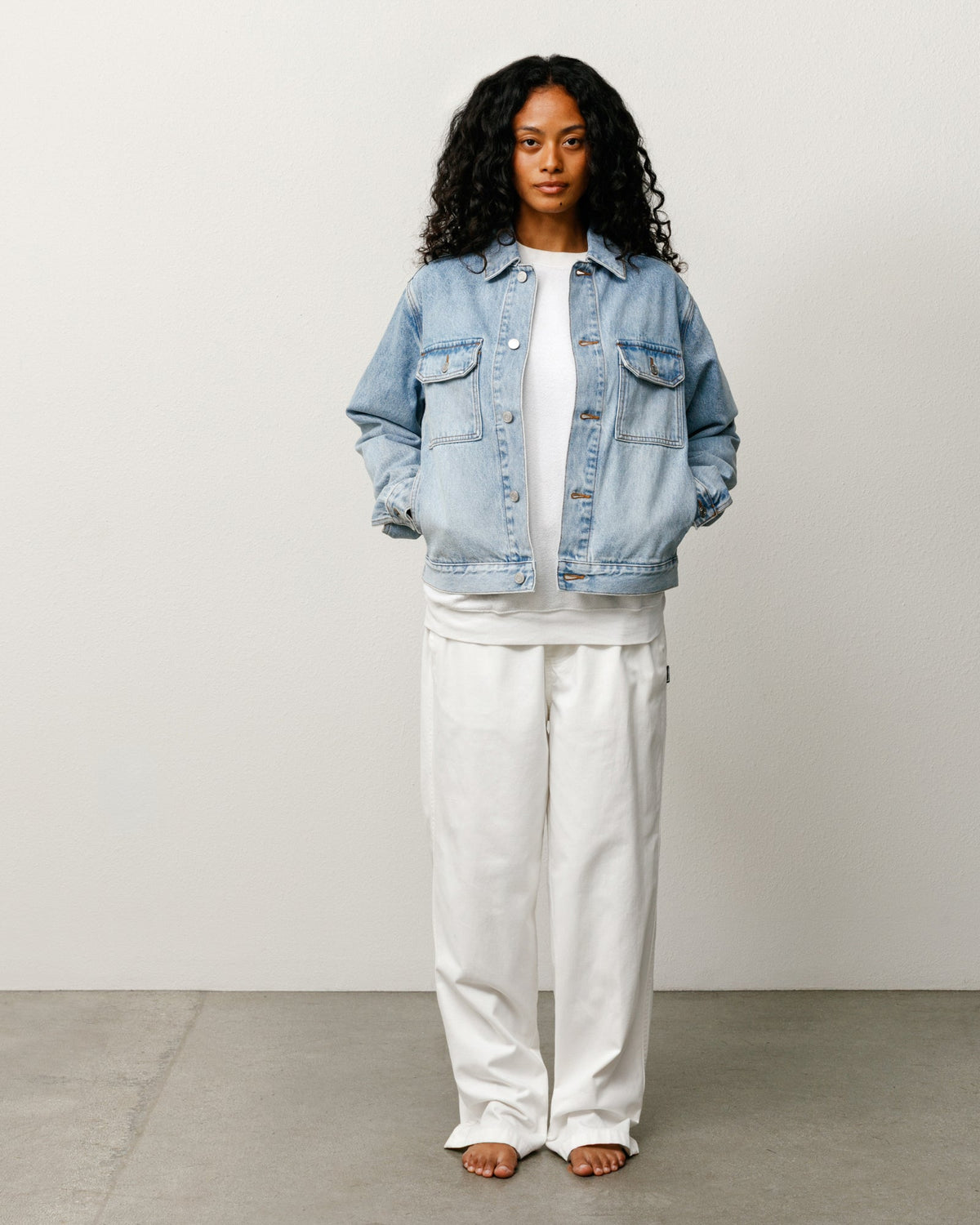 Stüssy Denim Trucker Jacket in Light Wash Indigo, relaxed fit