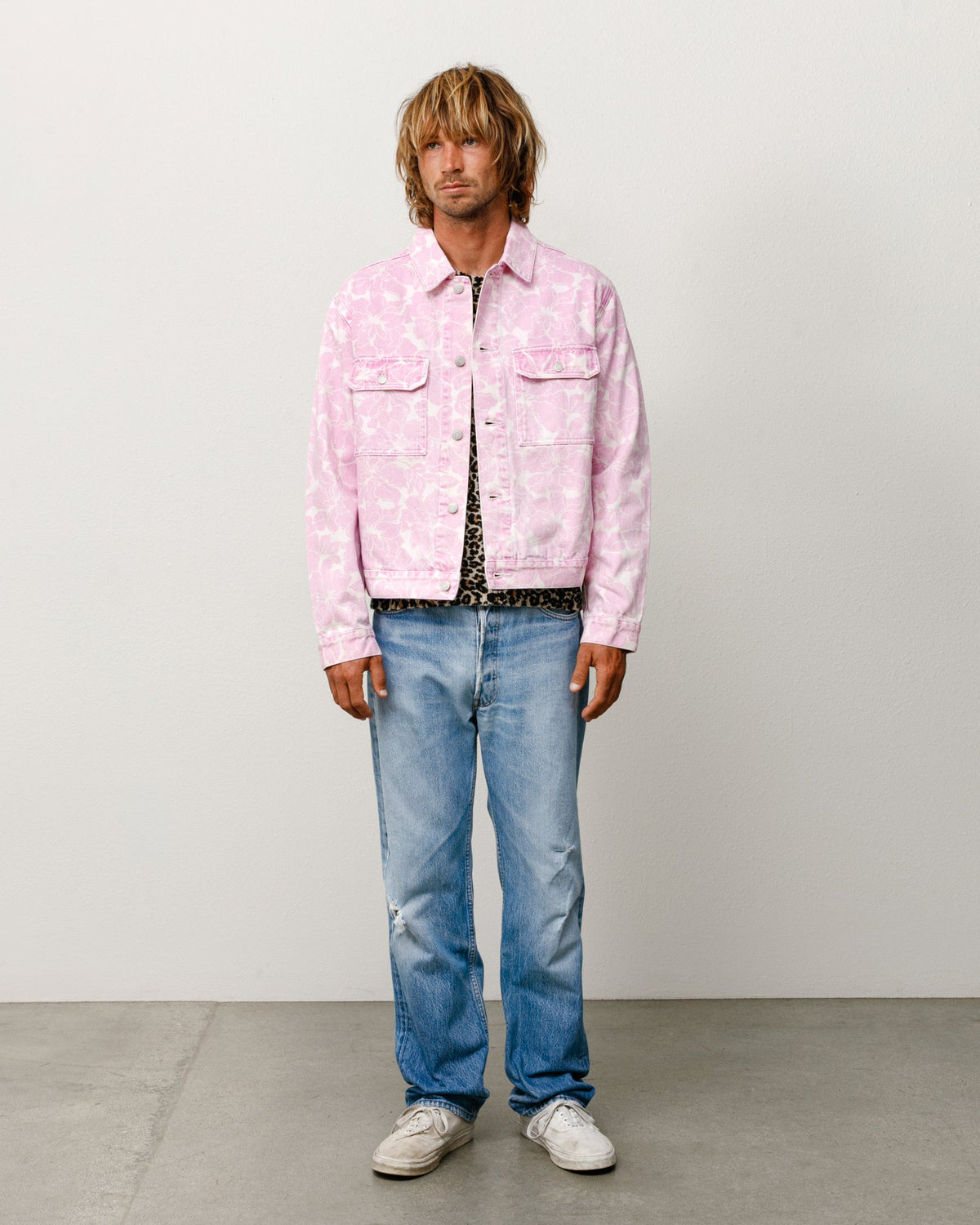Printed Denim Trucker Unisex Long Sleeve In Pink Hawaiian