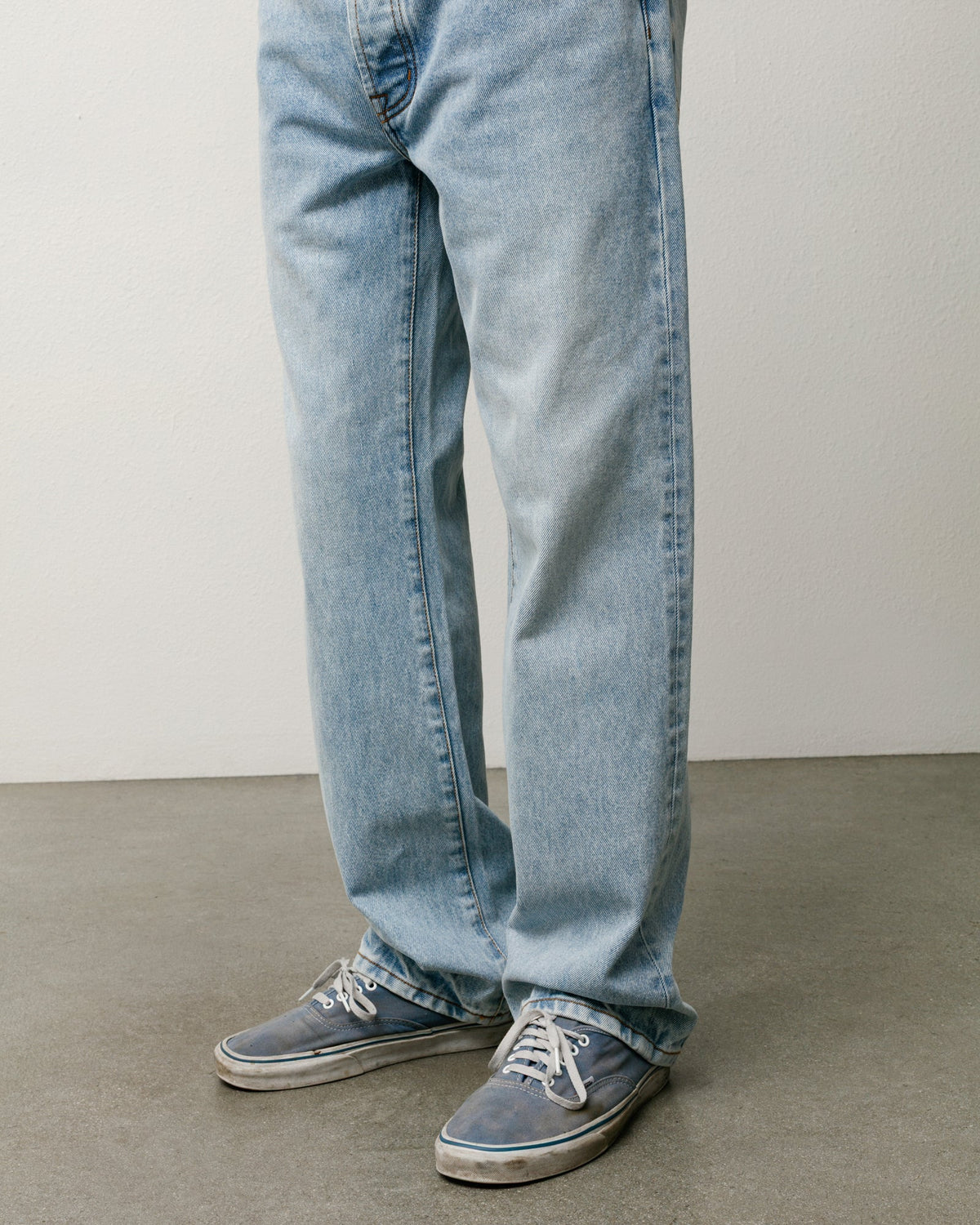 Slim Jean Denim in Light Wash Indigo, unisex straight-cut 100% cotton jeans by Stüssy