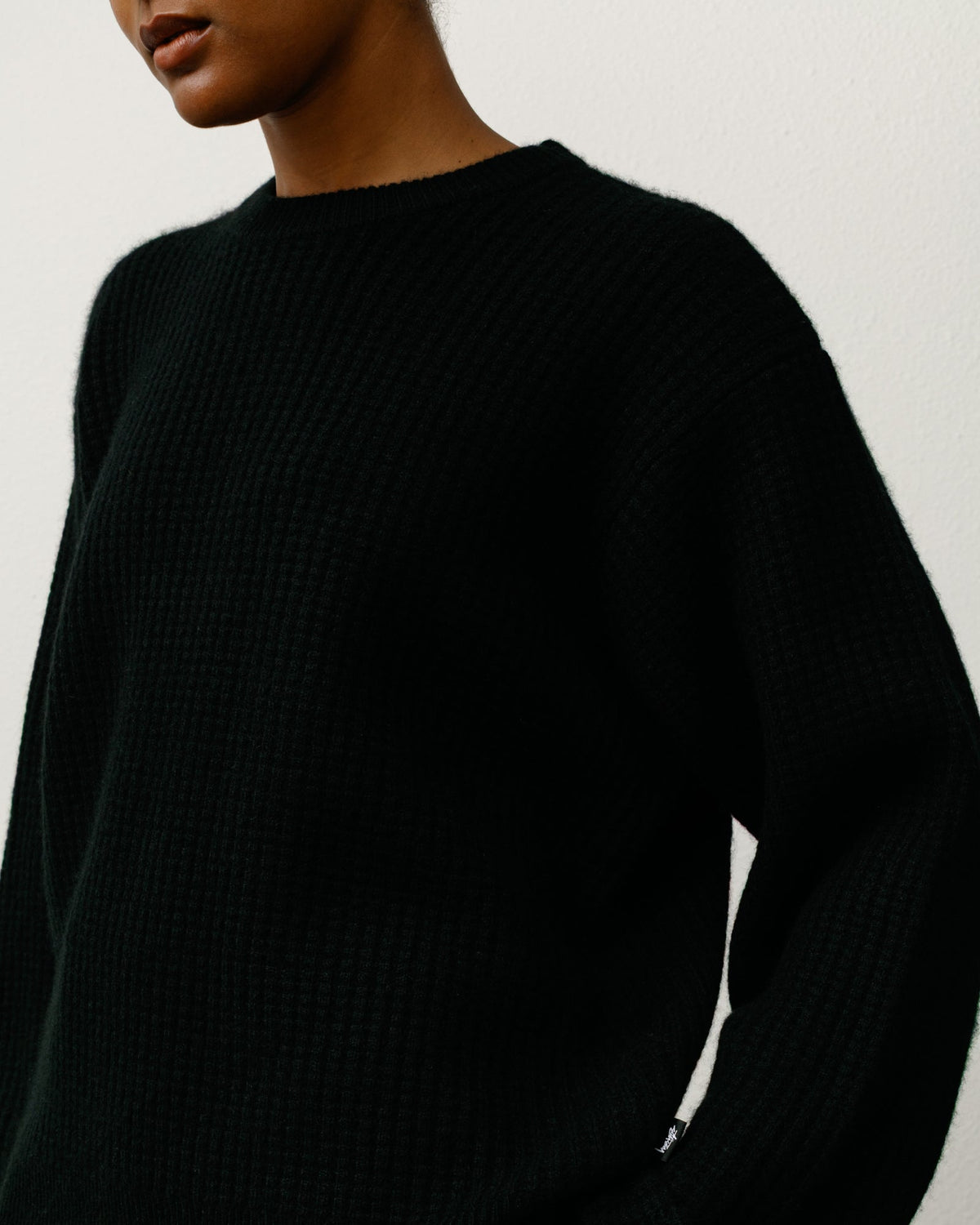 Waffle Cashmere Sweater Mens Long Sleeve In Black