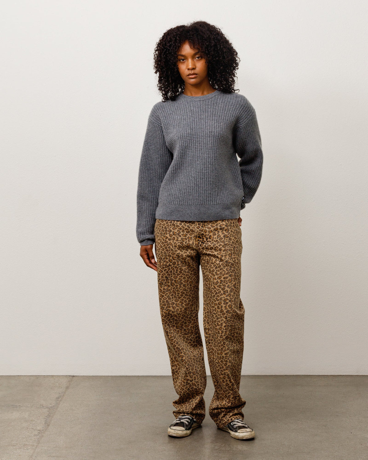 Waffle Cashmere Sweater Unisex Long Sleeve In Charcoal