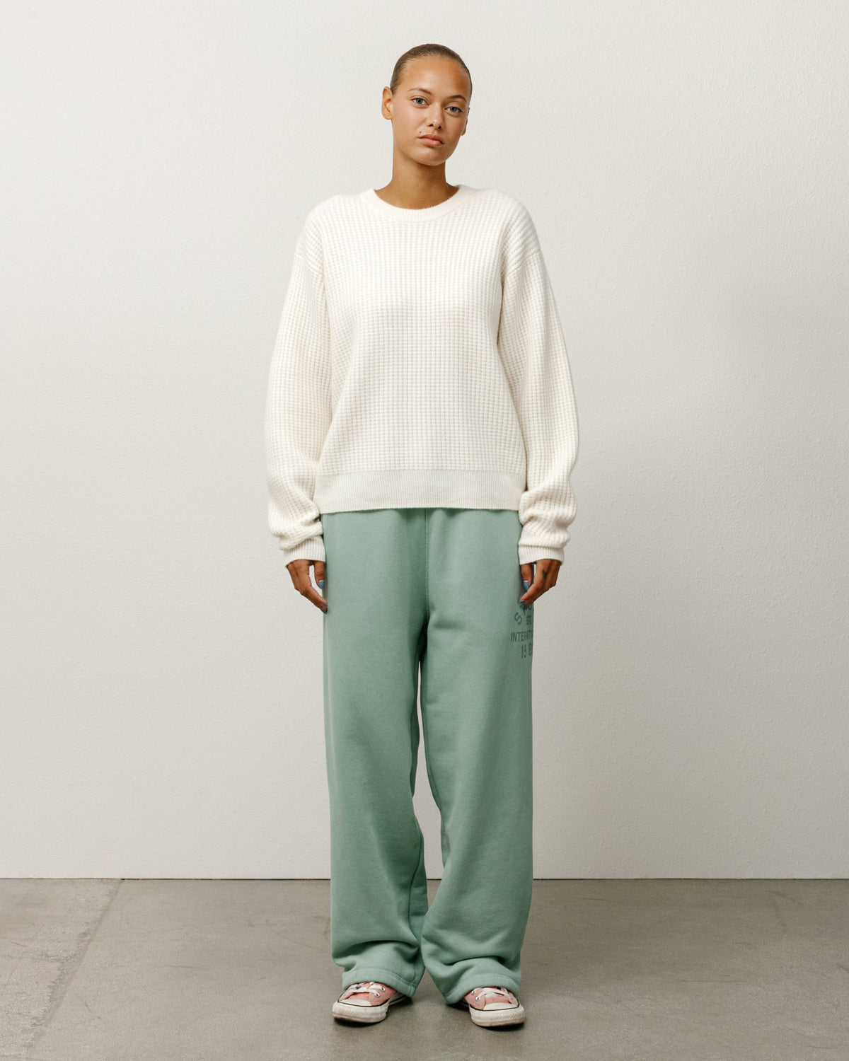 Waffle Cashmere Sweater Mens Long Sleeve In Ivory