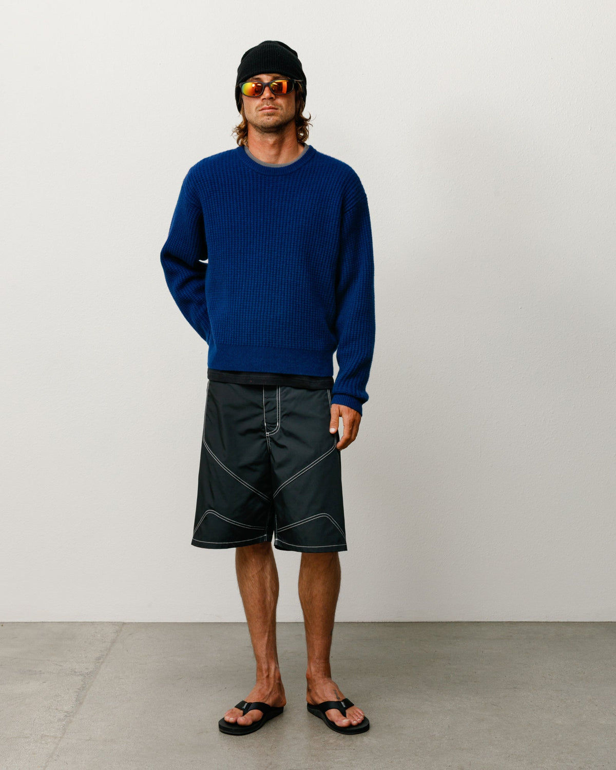 Waffle Cashmere Sweater Mens Long Sleeve In Navy