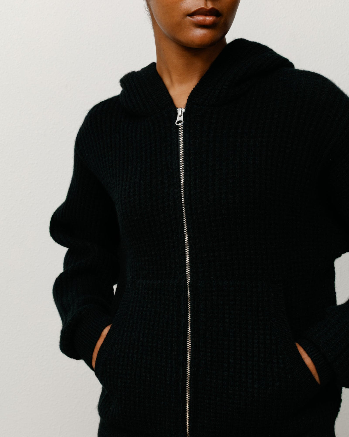 Waffle Cashmere Zip Hood Mens Long Sleeve In Black
