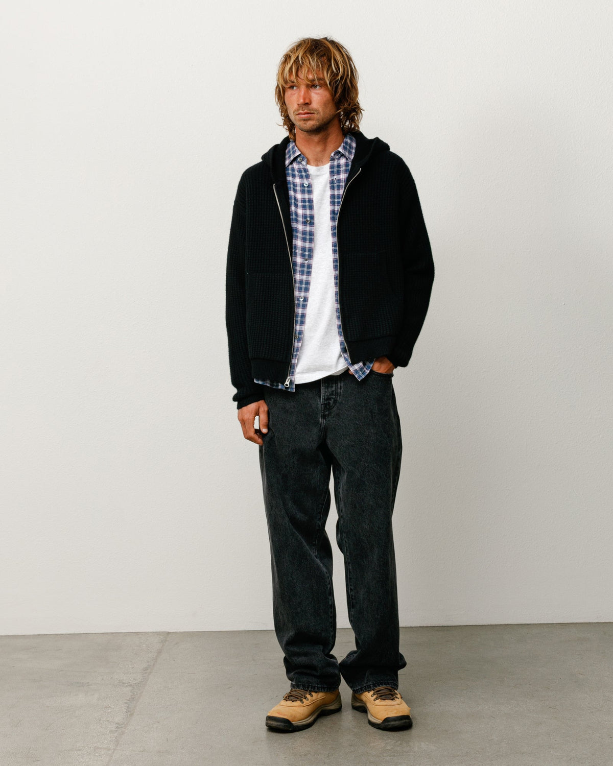 Waffle Cashmere Zip Hood Mens Long Sleeve In Black