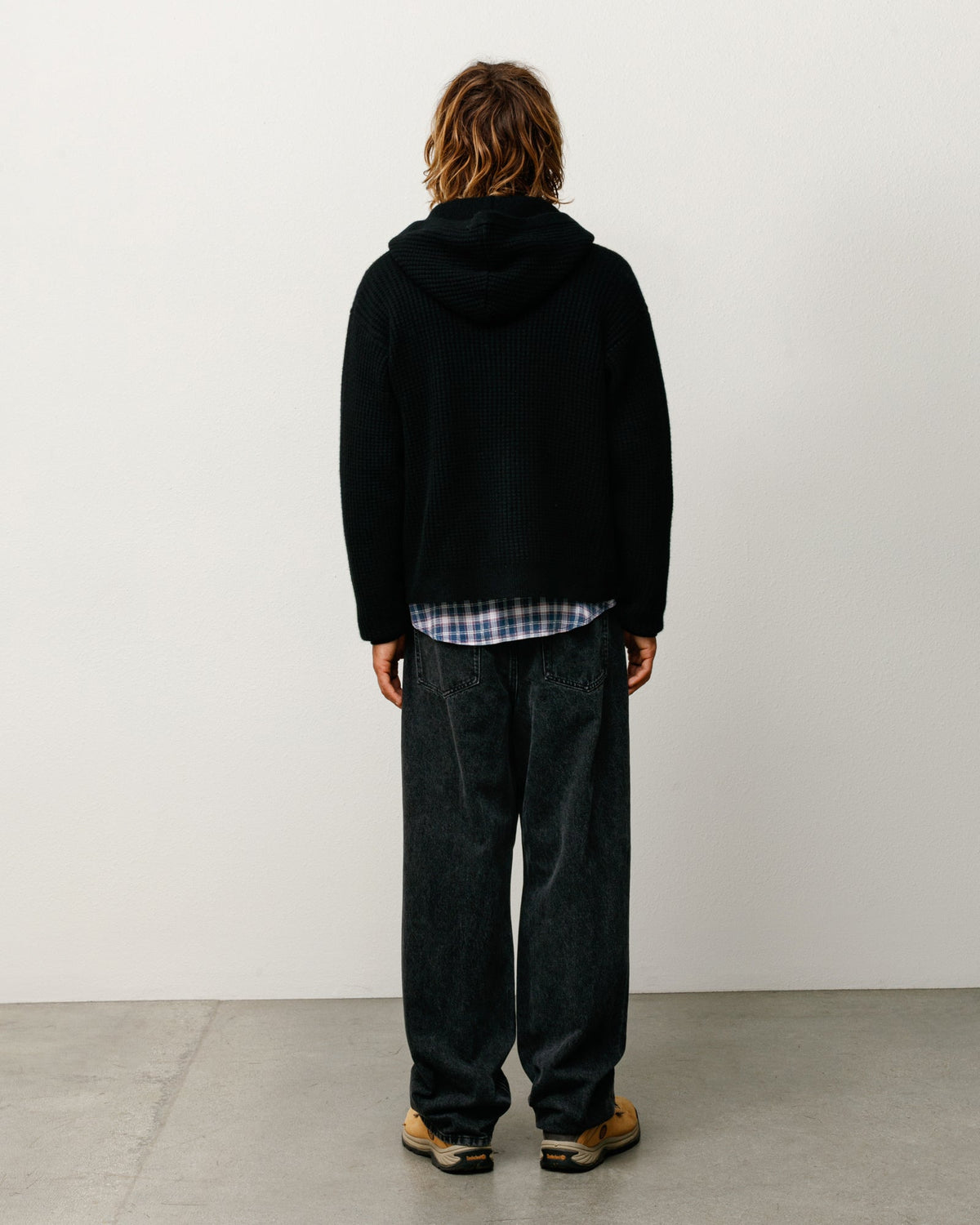 Waffle Cashmere Zip Hood Mens Long Sleeve In Black