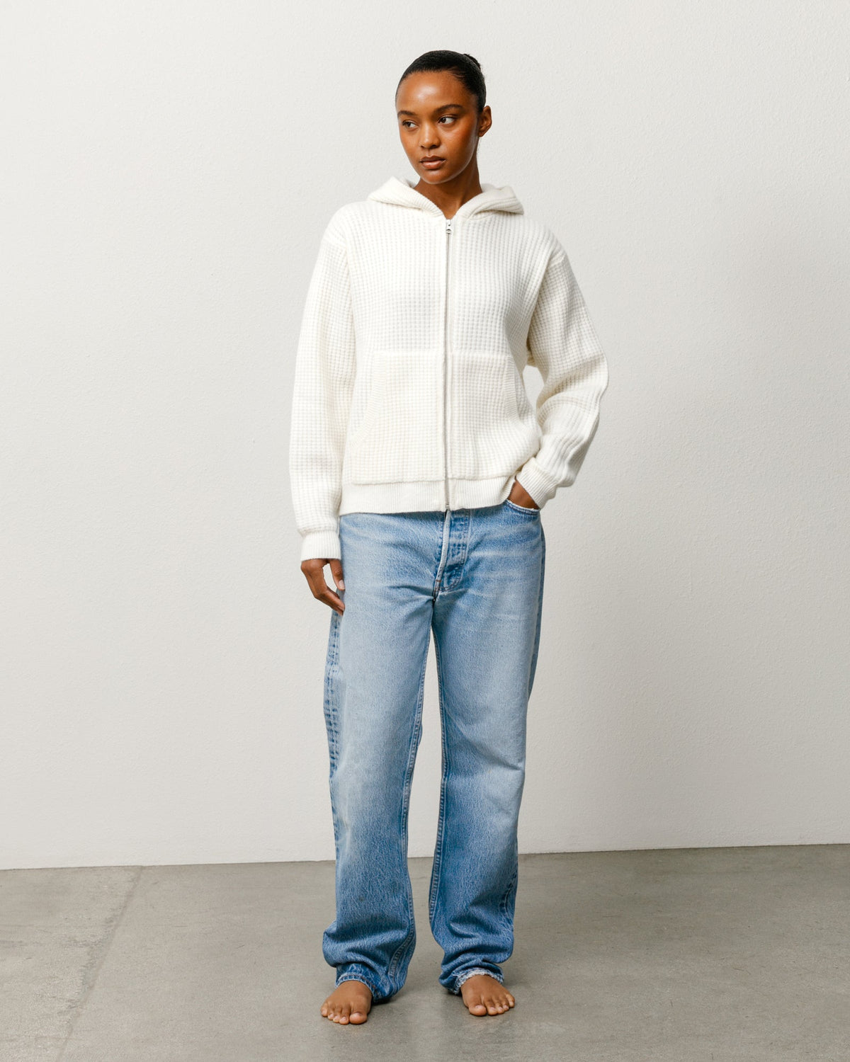 Waffle Cashmere Zip Hood Mens Long Sleeve In Ivory