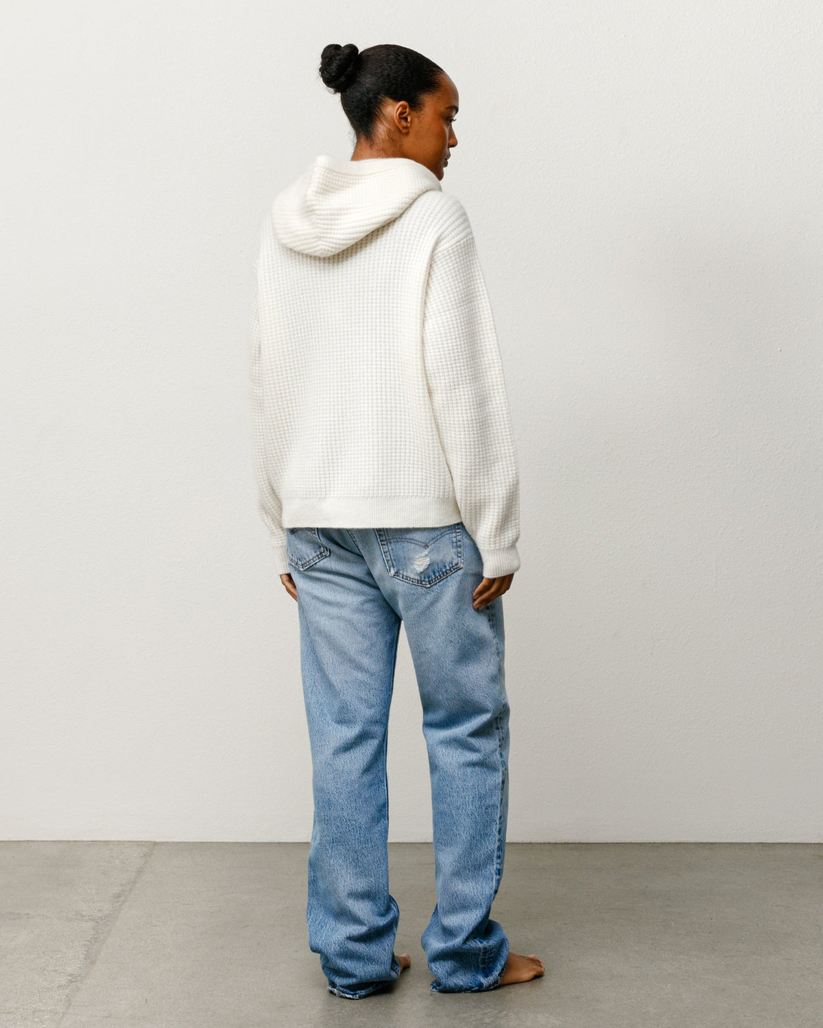 Waffle Cashmere Zip Hood Mens Long Sleeve In Ivory