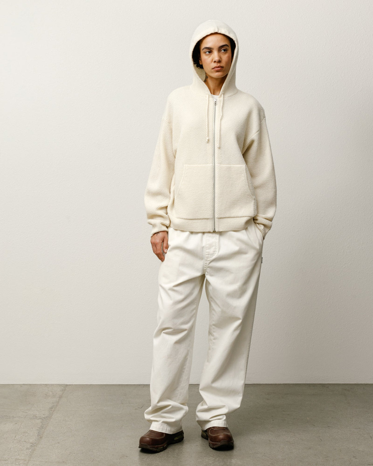 Textured Zip Hooded Sweater Mens Long Sleeve In Bone