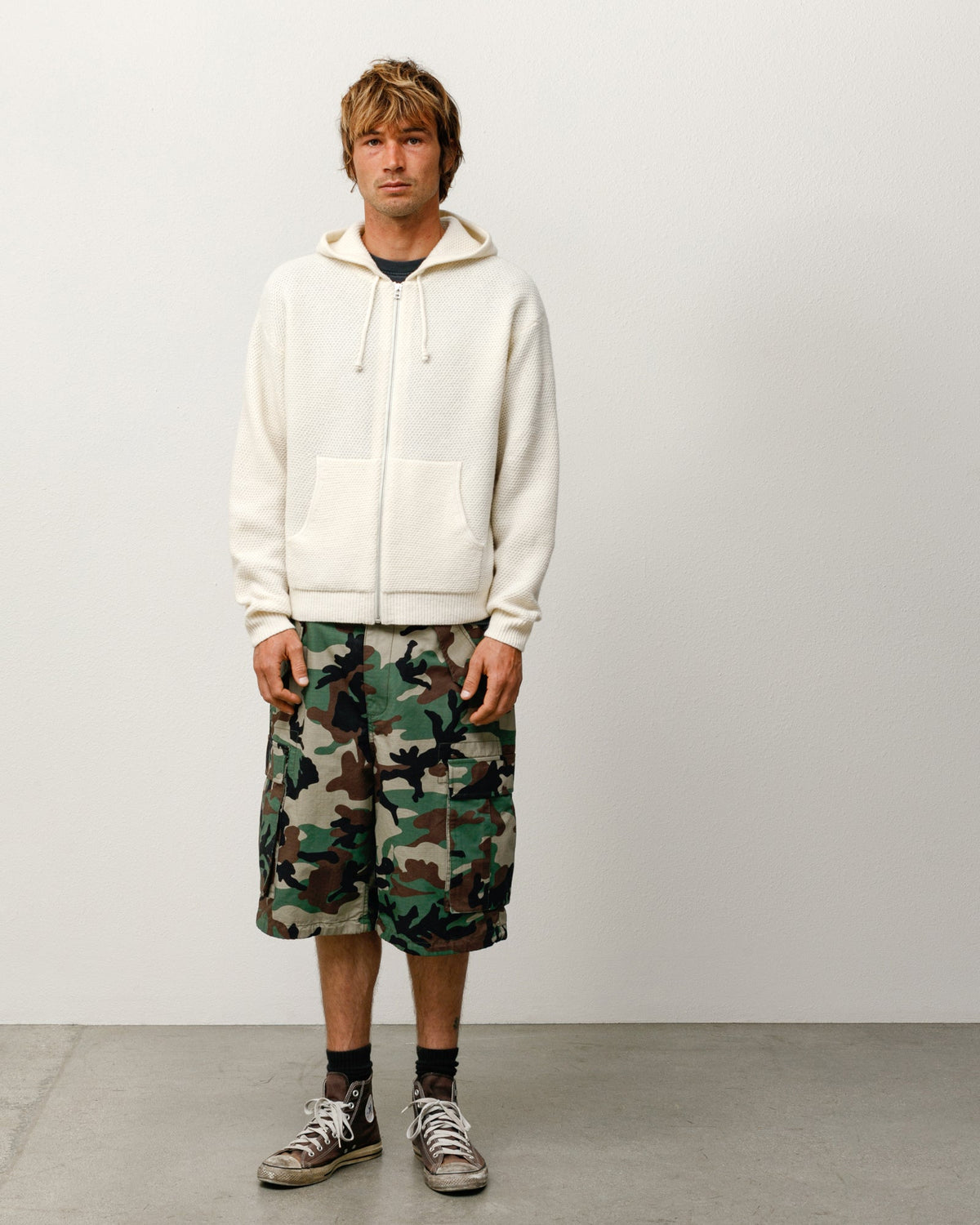 Textured Zip Hooded Sweater Mens Long Sleeve In Bone