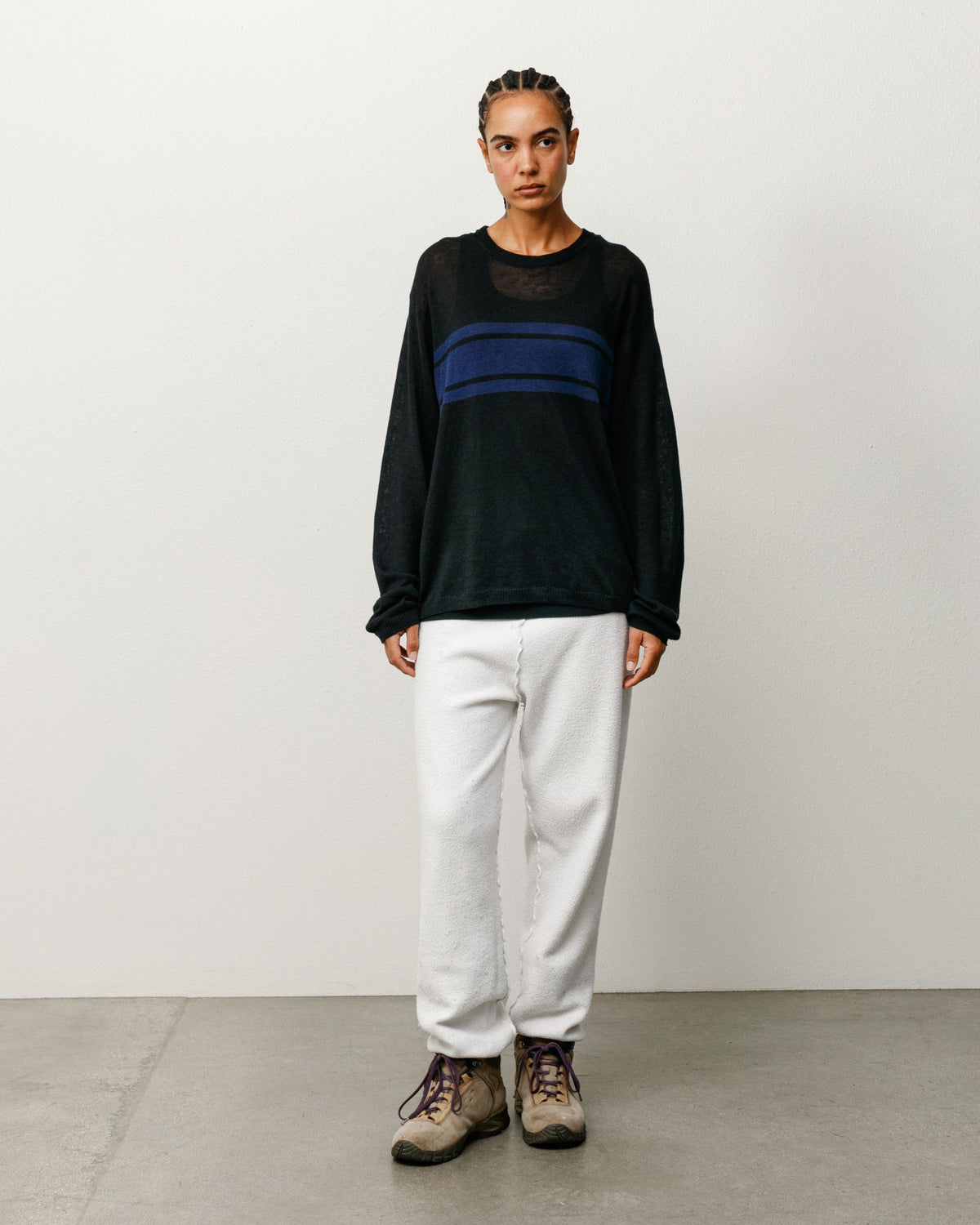 Lightweight Striped Sweater pullover in black, linen-cotton relaxed fit with ribbed crewneck.