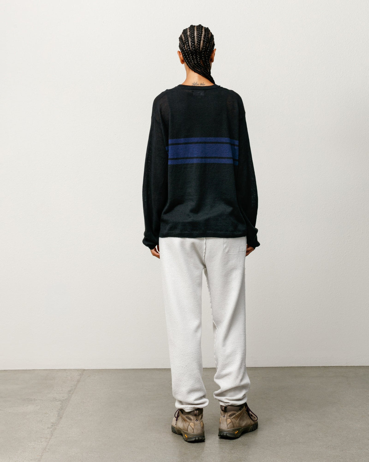 Lightweight Striped Sweater sweater in black, relaxed fit linen-cotton with blue chest stripes